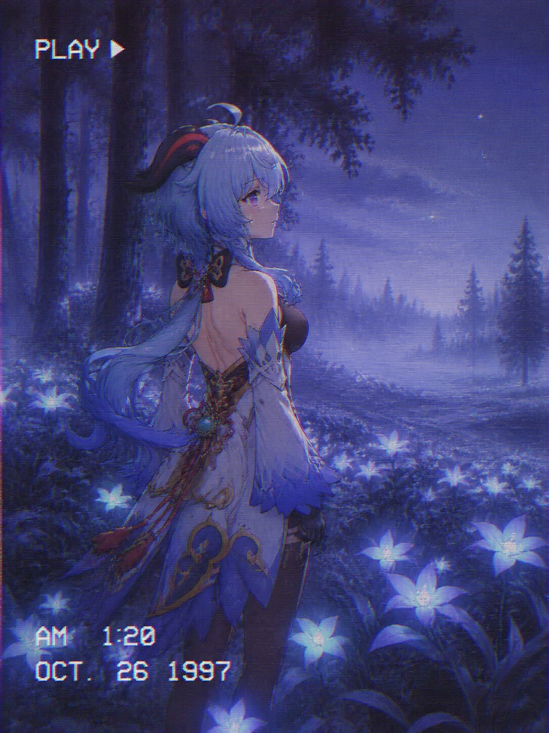 Staring wistfully at the distant horizon in a mist-covered forest filled with glowing lilies (retro 90s aesthetic with grainy VHS texture)
