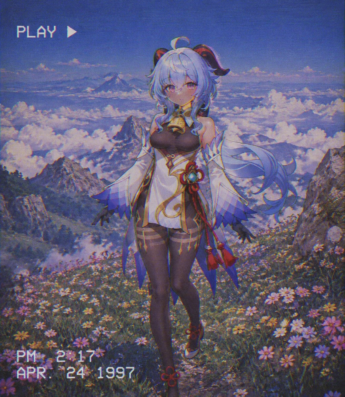 Walking quietly through a field of flowers On a high mountain peak above the clouds (retro 90s aesthetic with grainy VHS texture)