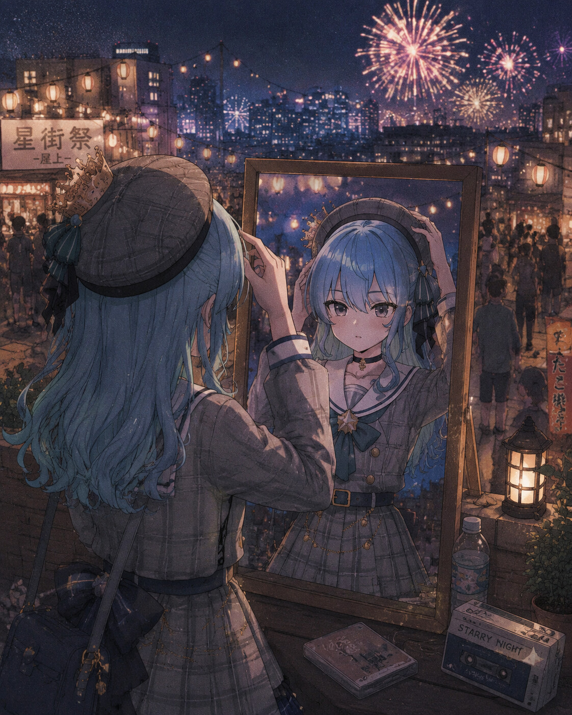 Adjusting her beret while looking into a mirror at a bustling rooftop festival during fireworks (lo-fi aesthetic)