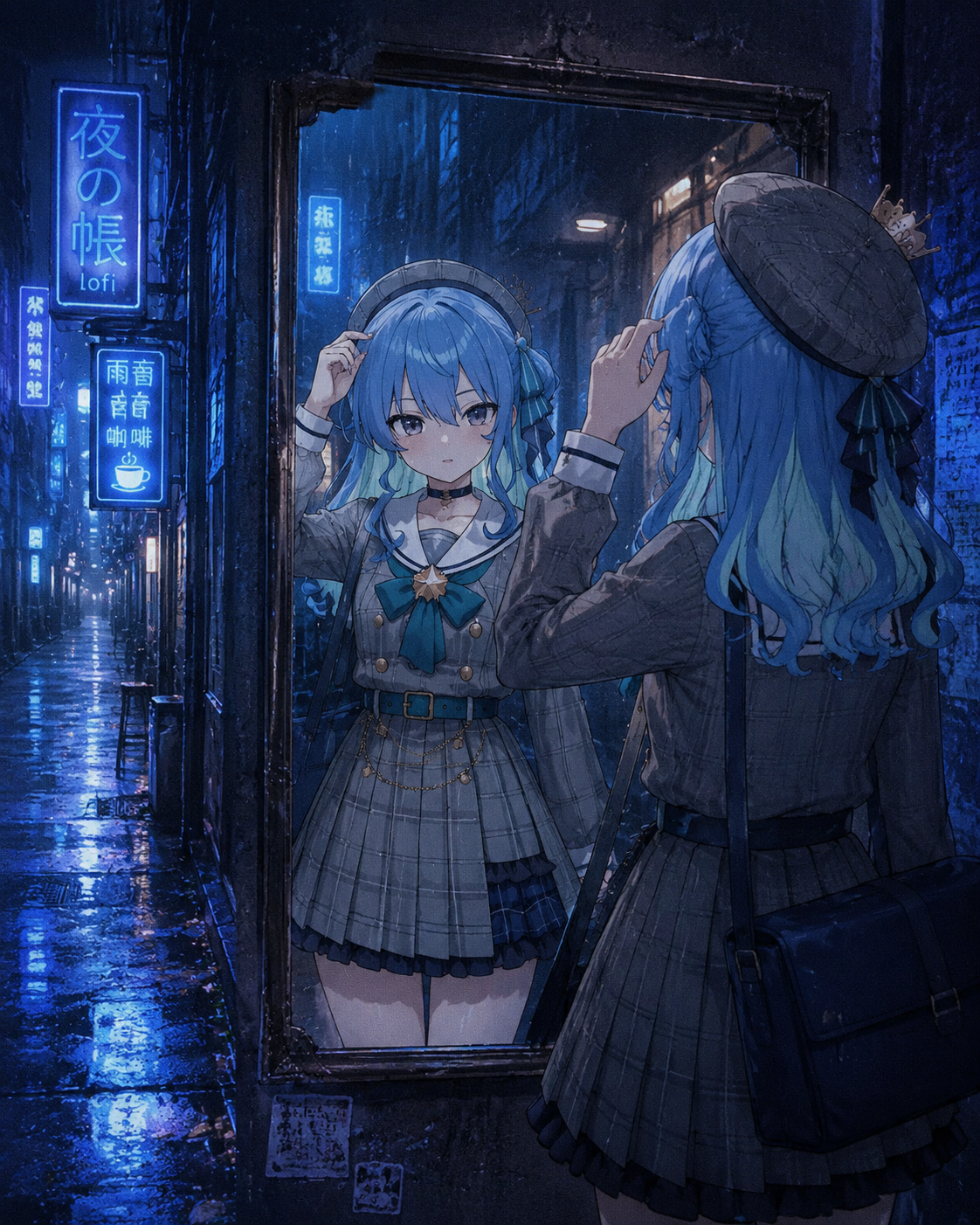 Adjusting her beret while looking into a mirror In a rain-slicked city alleyway with blue neon signs (lo-fi aesthetic, soft grainy texture)