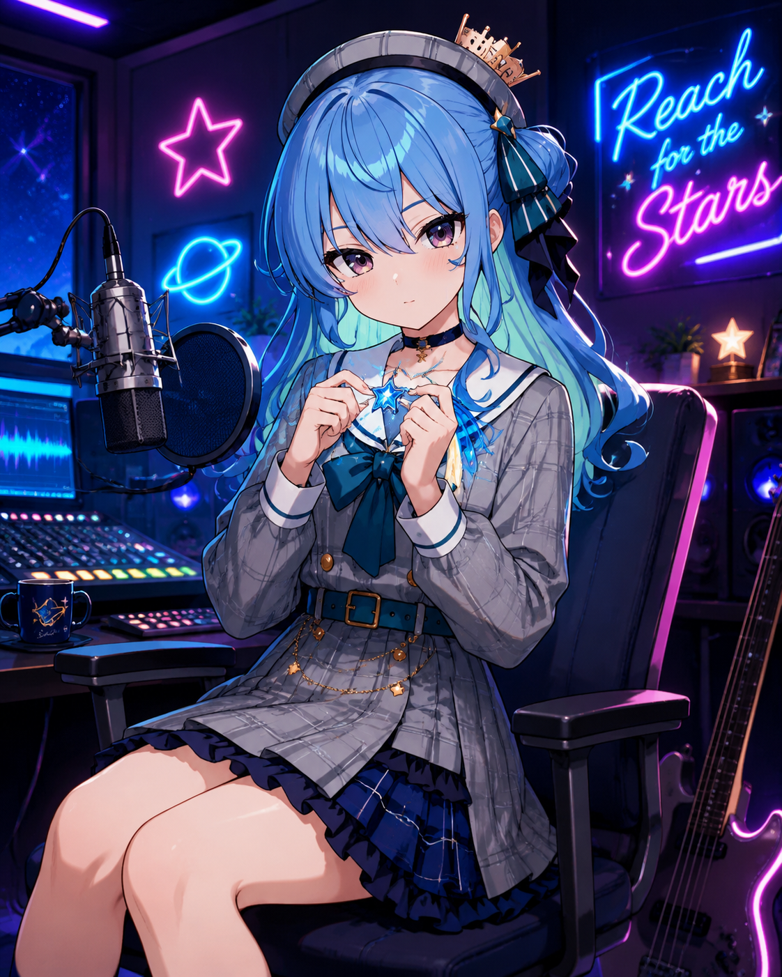 Clutching a sparkling blue comet charm In a cozy recording studio with neon accents (sleek modern vector art, bold colors)
