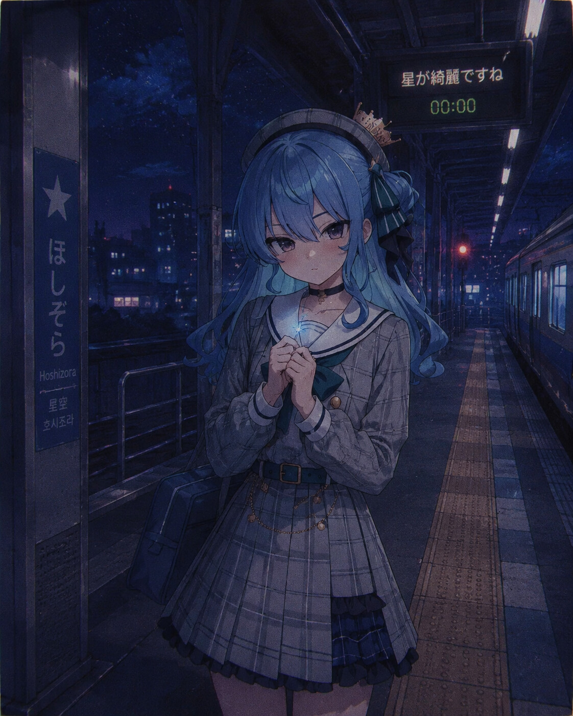 Clutching a sparkling blue comet charm in a quiet urban train station at midnight (lo-fi aesthetic)