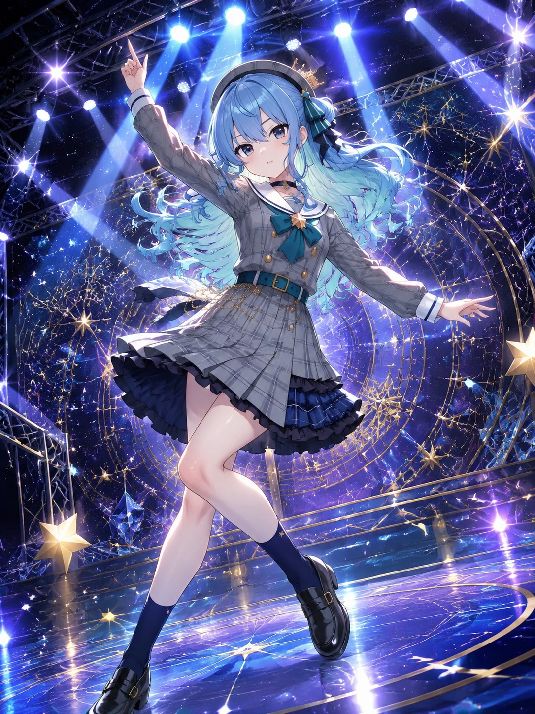 Performing a high-energy dance routine On a grand stage under bright spotlights (detailed concept art, majestic cosmic atmosphere)