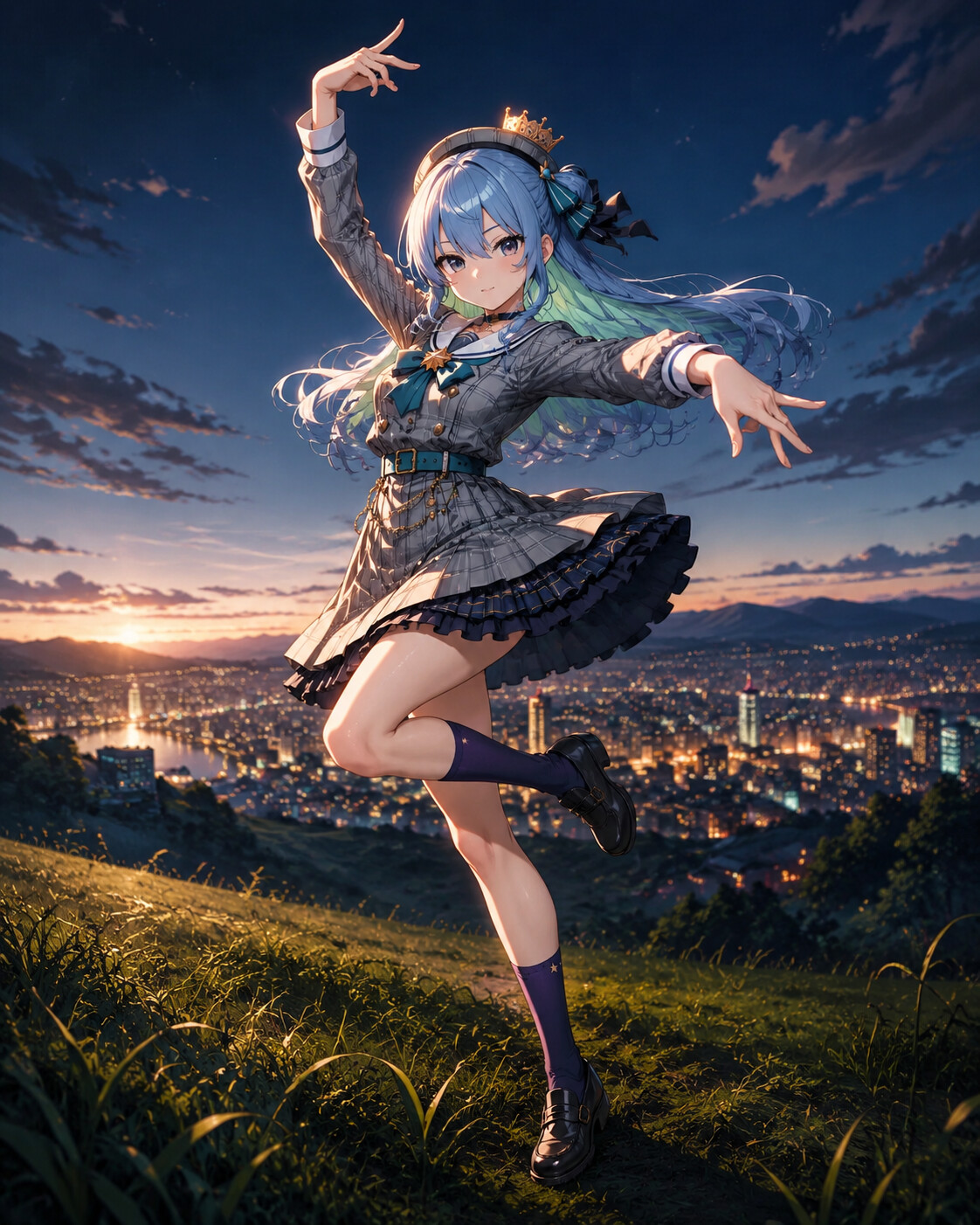 Performing a high-energy dance routine on a grassy hill overlooking a sleeping city (dramatic cinematic lighting)