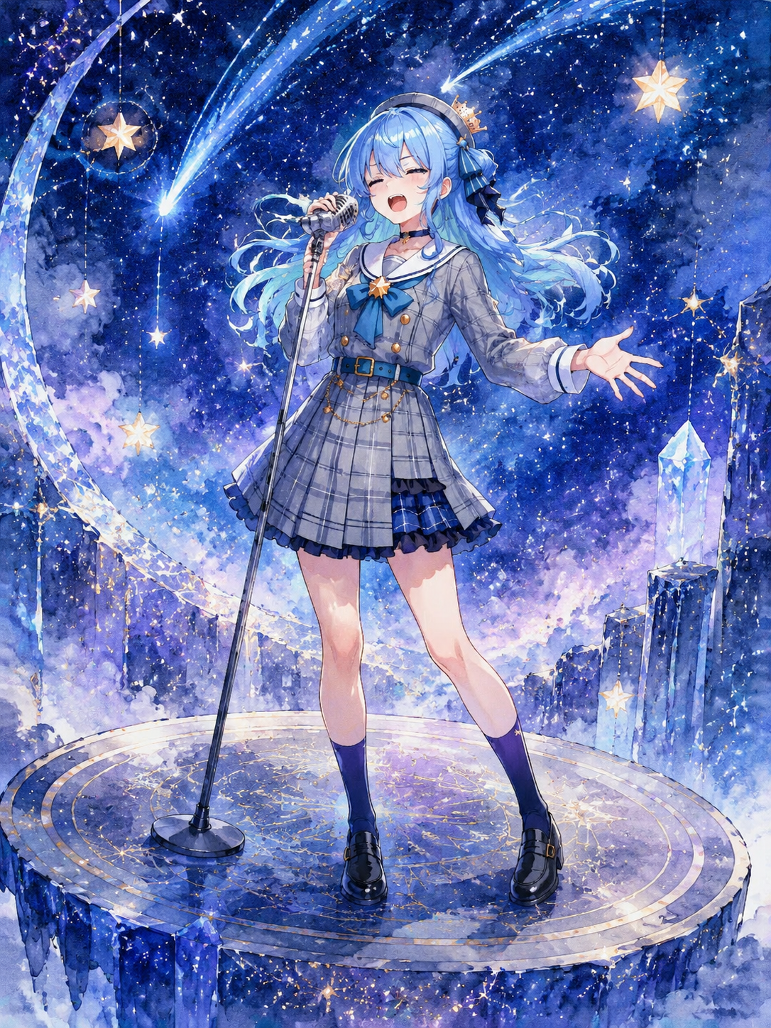 Singing into a silver microphone with passion On a floating platform amidst a galaxy of stars (ethereal watercolor, shimmering blue palette)