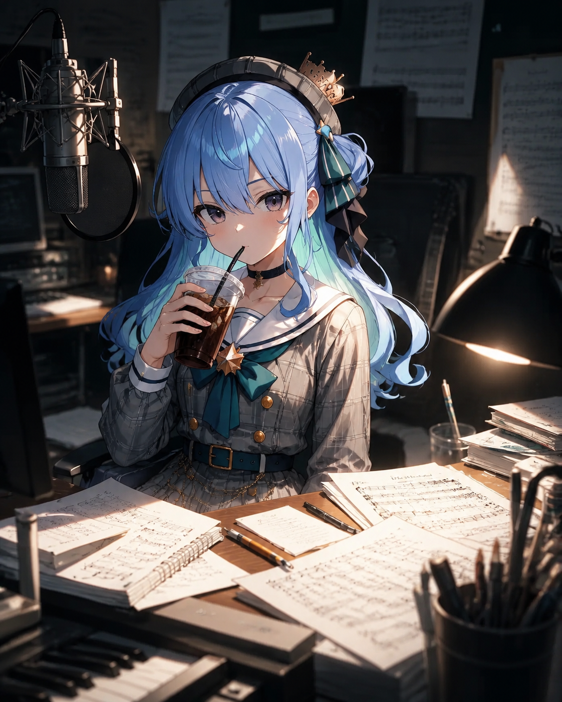 Sipping a cold drink during a recording break At a cluttered desk filled with music sheets (dramatic cinematic lighting, sharp shadows)