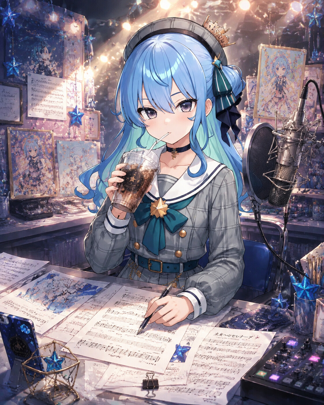 Sipping a cold drink during a recording break at a cluttered desk filled with music sheets (vibrant anime art)