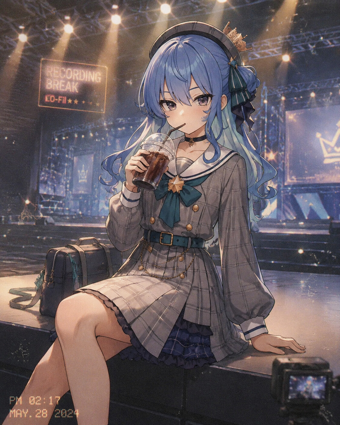 Sipping a cold drink during a recording break on a grand stage under bright spotlights (lo-fi aesthetic)