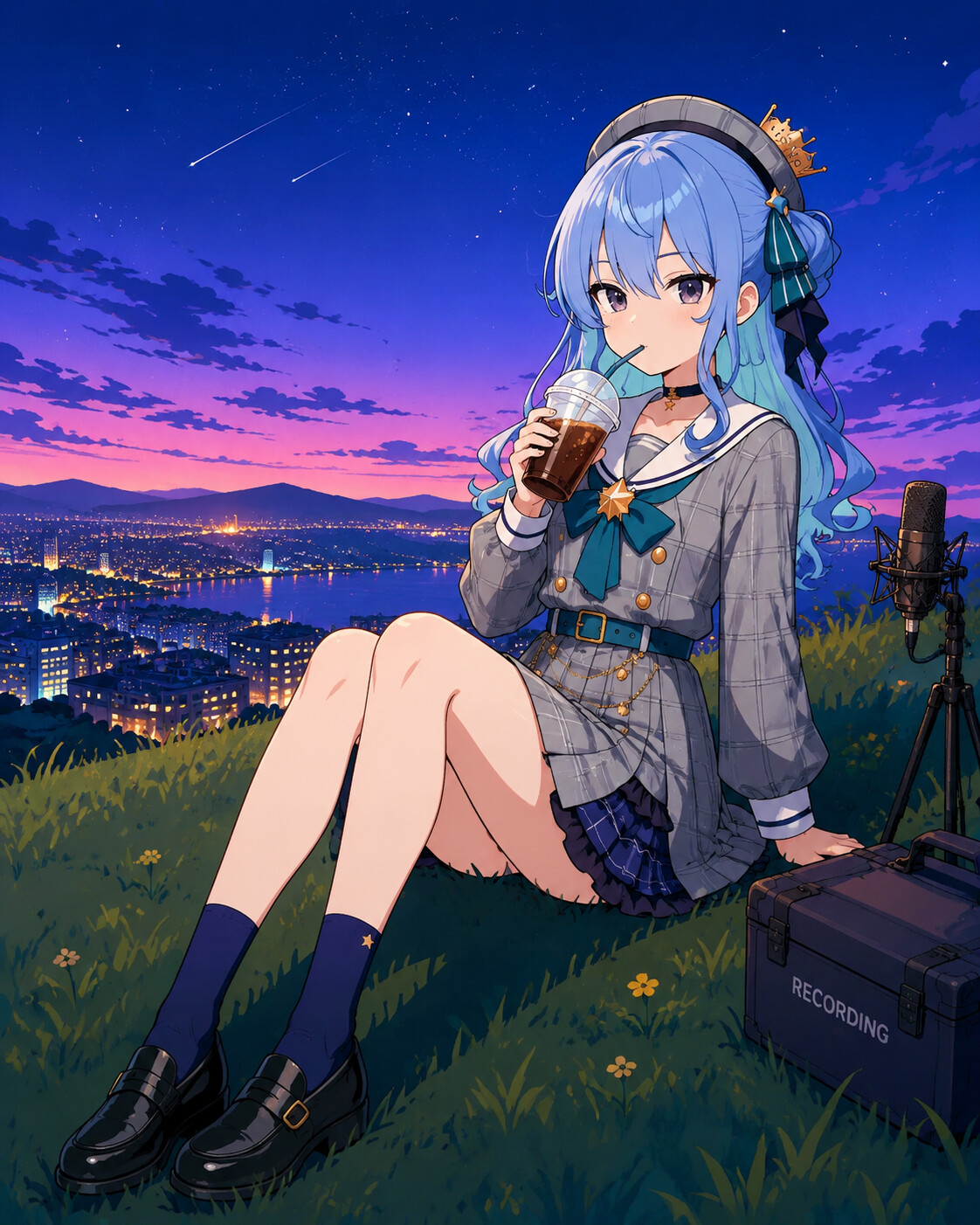 Sipping a cold drink during a recording break on a grassy hill overlooking a sleeping city (sleek modern vector art)