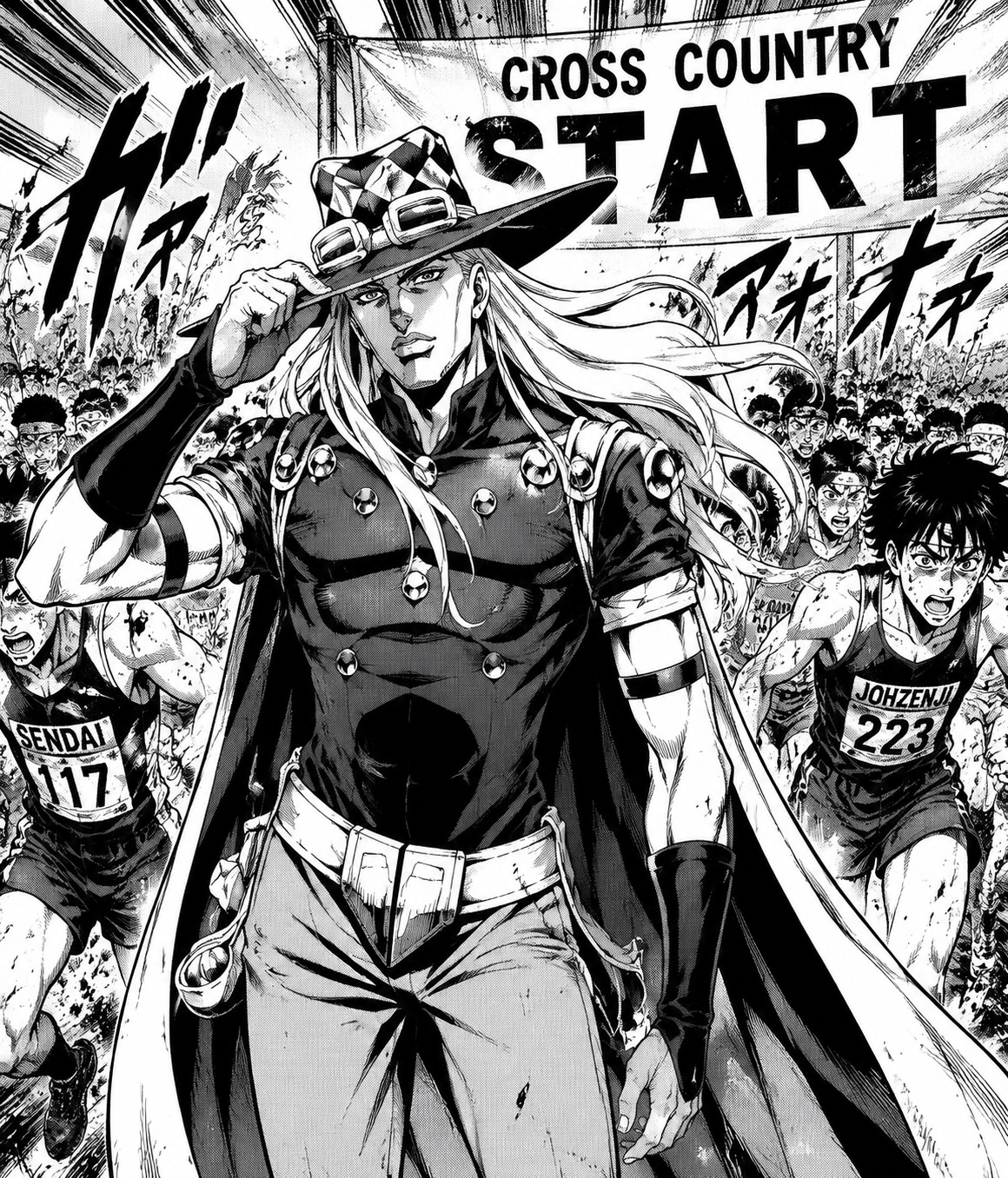 Adjusting the brim of his wide checkered hat At the chaotic starting line of a cross-country race (high-contrast manga ink with dramatic speed lines)
