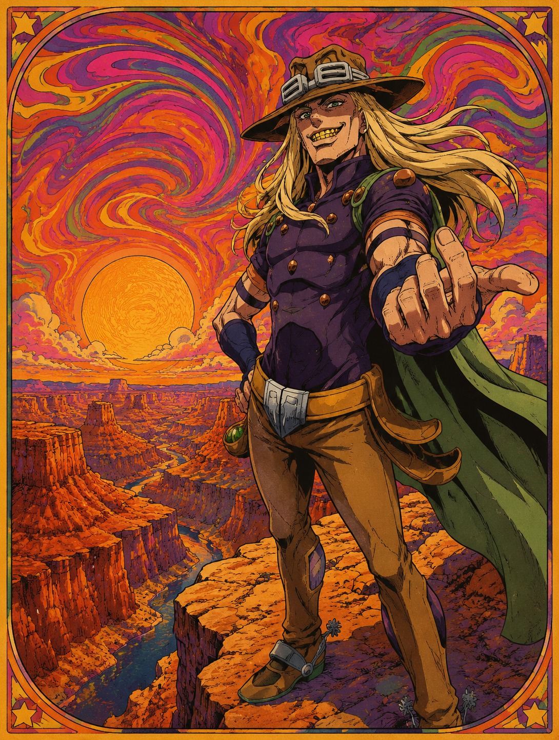 Flashing a gold-toothed grin toward the camera On a rocky cliff overlooking a vast red canyon (psychedelic 1970s poster art with trippy swirling colors)