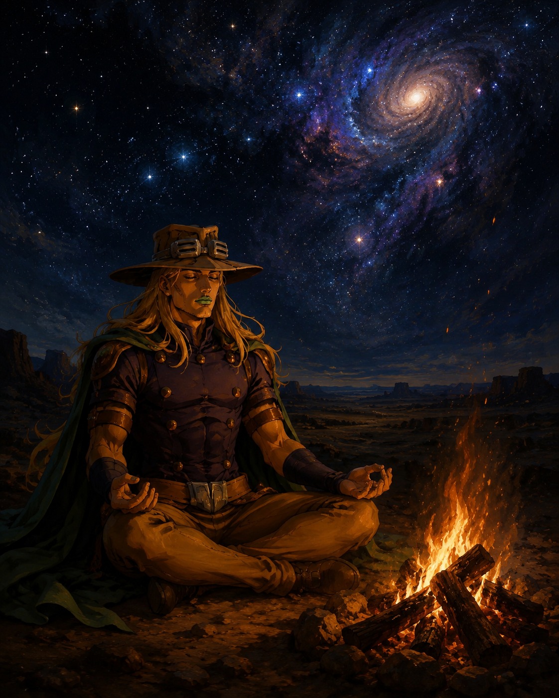 Meditating silently on the concept of infinity At a lonely campfire beneath a vibrant starry sky (classical oil painting with rich chiaroscuro lighting)