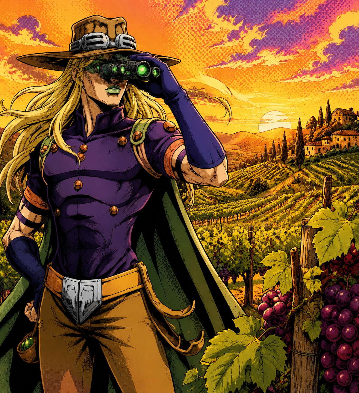 Scanning the distant horizon through tactical goggles In a lush Italian vineyard during the golden hour (vibrant pop art with bold halftone dot patterns)