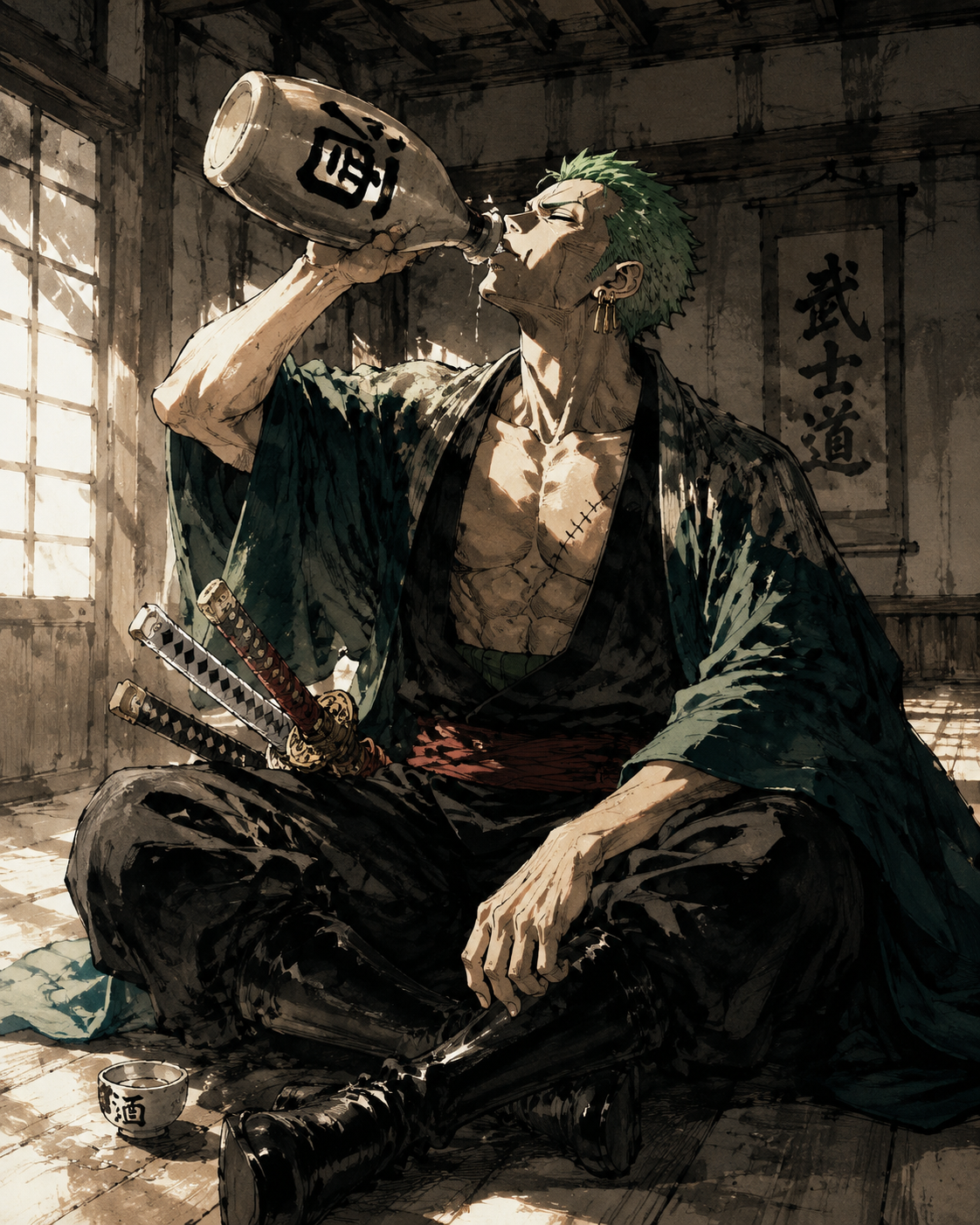 Gulping down a large bottle of sake In a quiet dojo bathed in soft morning light (gritty ink wash, high contrast shadows)