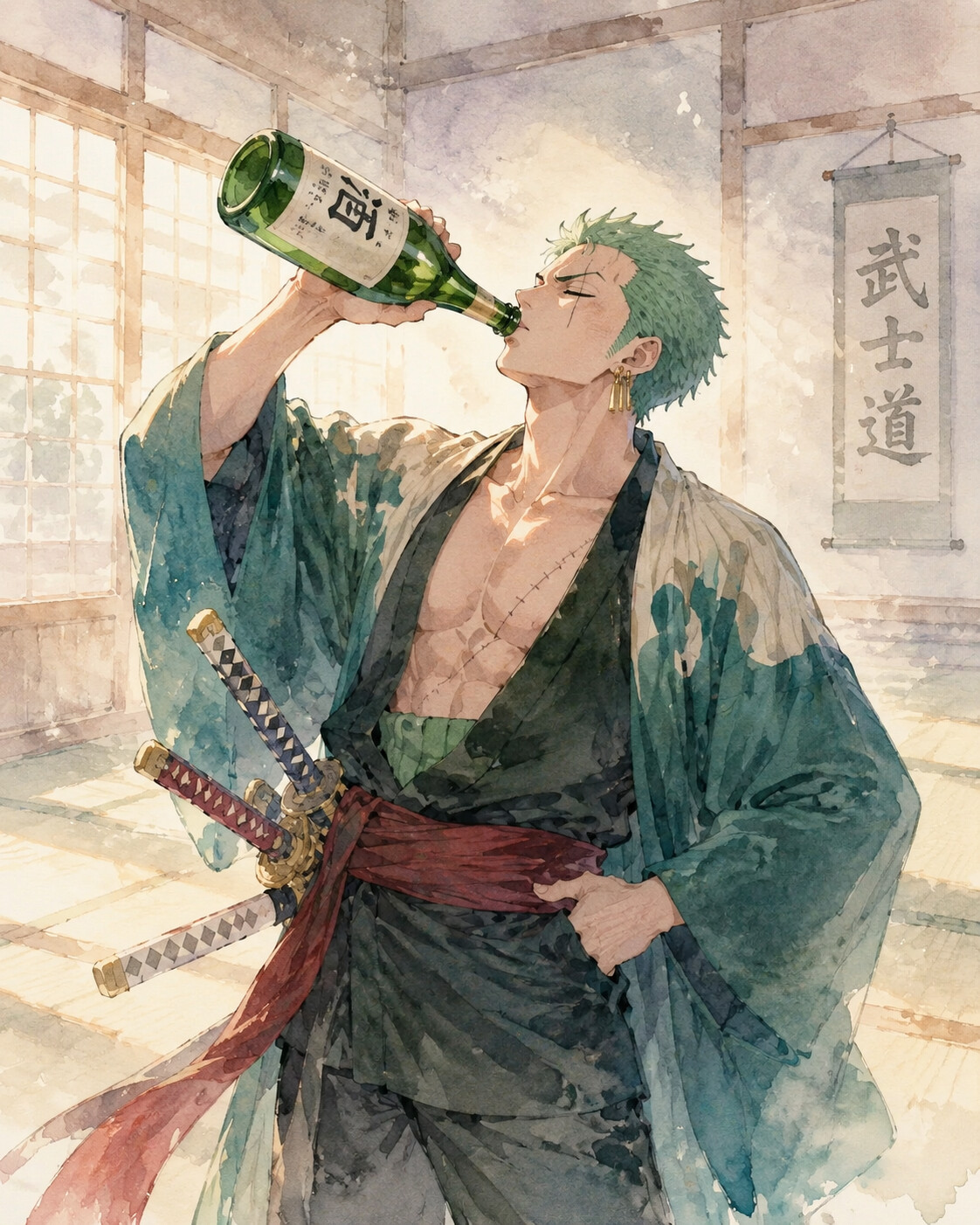 Gulping down a large bottle of sake in a quiet dojo bathed in soft morning light (soft watercolor)