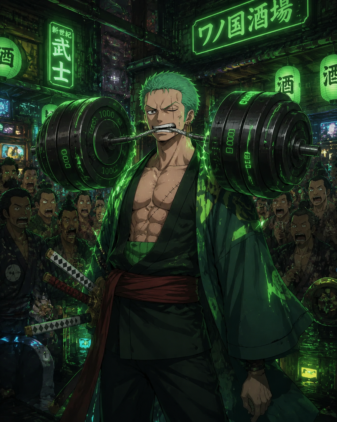 Lifting massive weights with his teeth At a crowded tavern in Wano Country (cyberpunk aesthetic, glowing neon green accents)