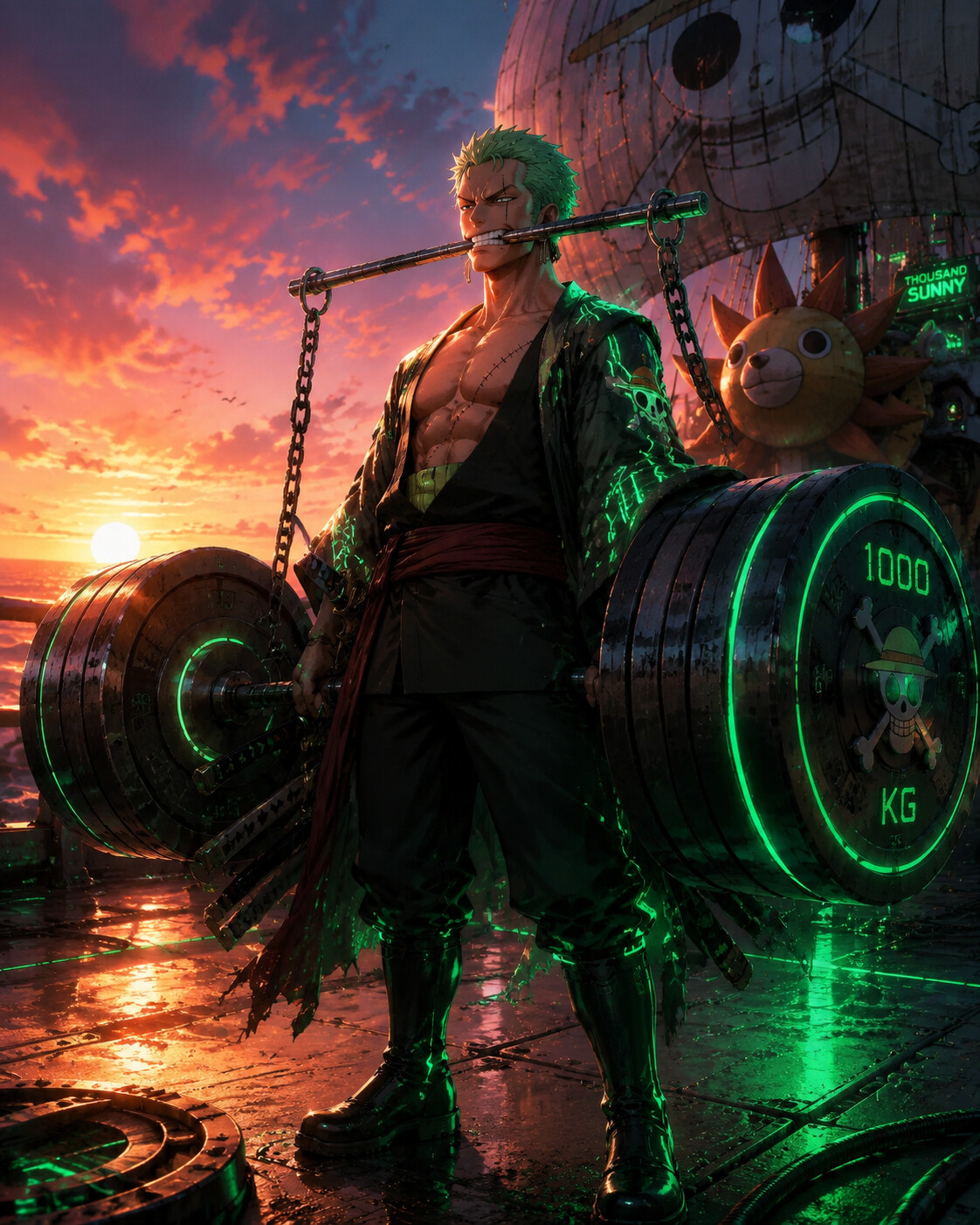 Lifting massive weights with his teeth on the deck of the Thousand Sunny at sunrise (cyberpunk aesthetic)