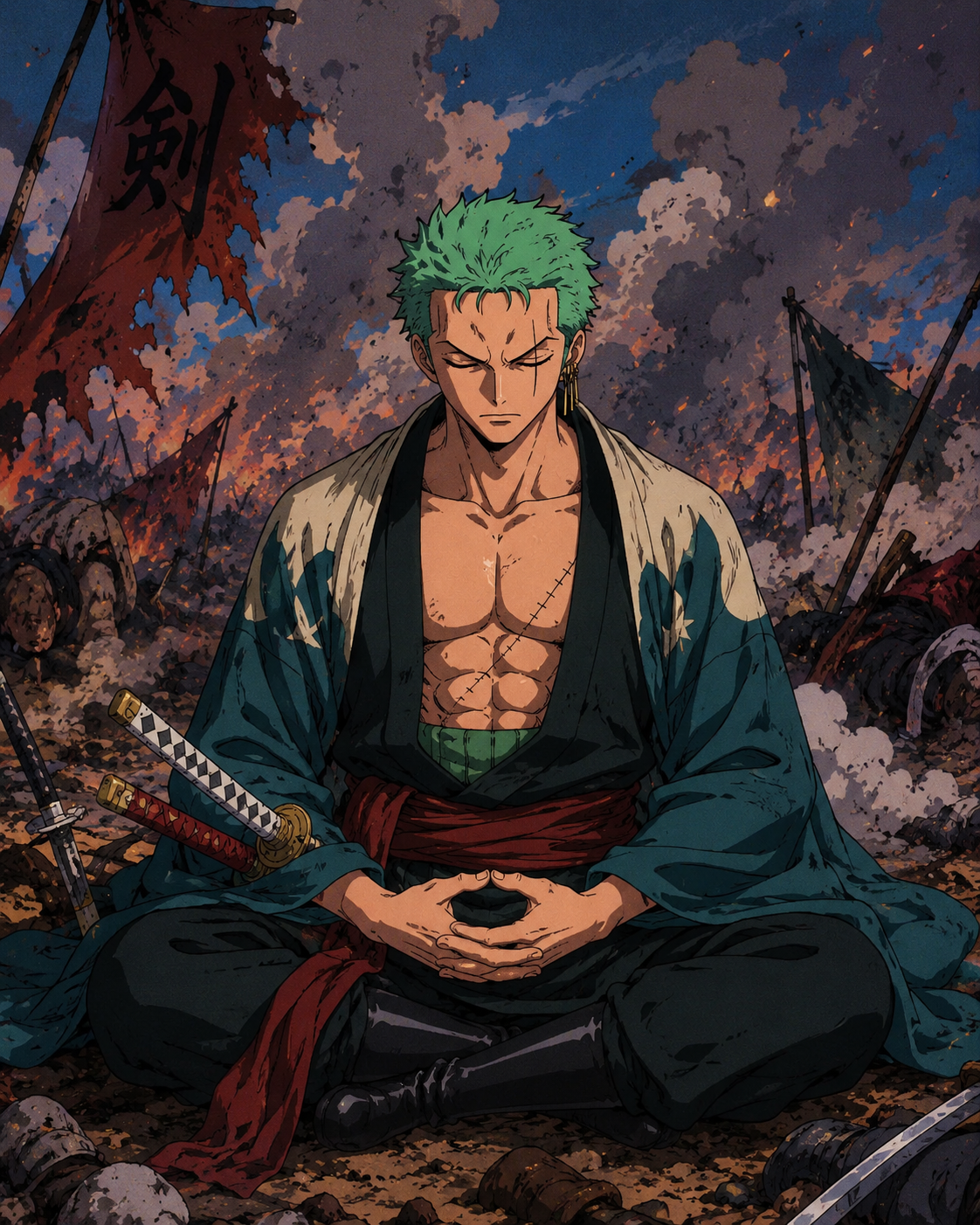 Meditating cross-legged in deep concentration On a chaotic battlefield surrounded by smoke (vibrant 90s retro anime, cel-shaded)