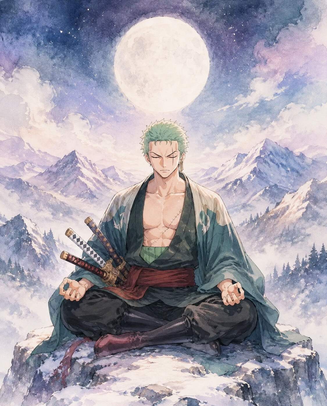 Meditating cross-legged in deep concentration on a snowy mountain peak under a full moon (soft watercolor)