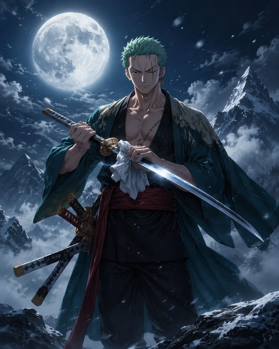 Polishing Wado Ichimonji with a white cloth on a snowy mountain peak under a full moon (cinematic epic fantasy)