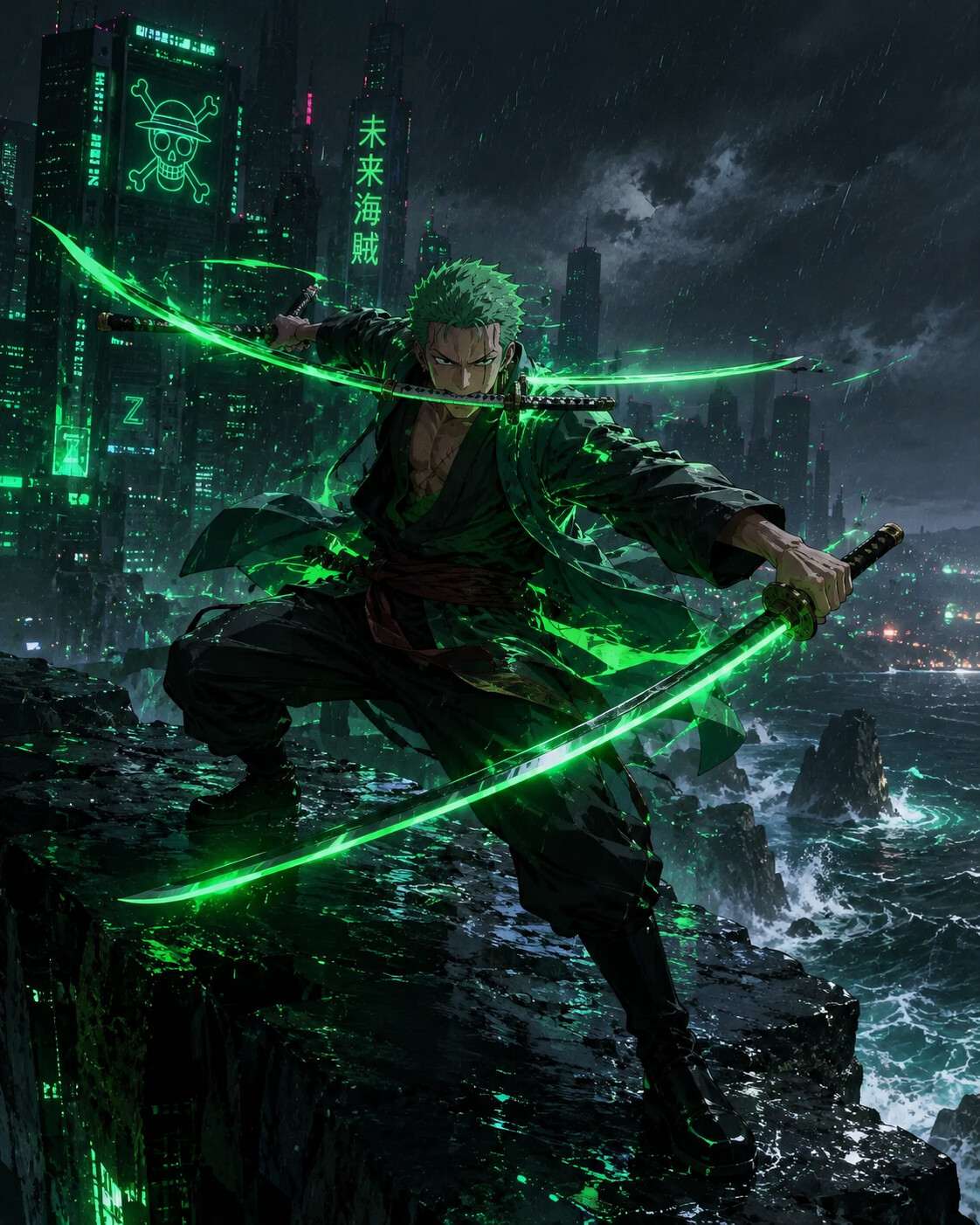 Practicing his Santoryu forms with intensity at the edge of a cliff overlooking a rough sea (cyberpunk aesthetic)