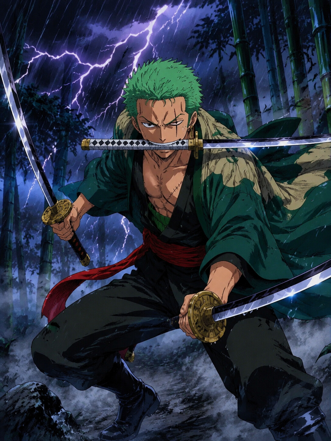 Practicing his Santoryu forms with intensity in a misty bamboo forest during a storm (vibrant 90s retro anime)