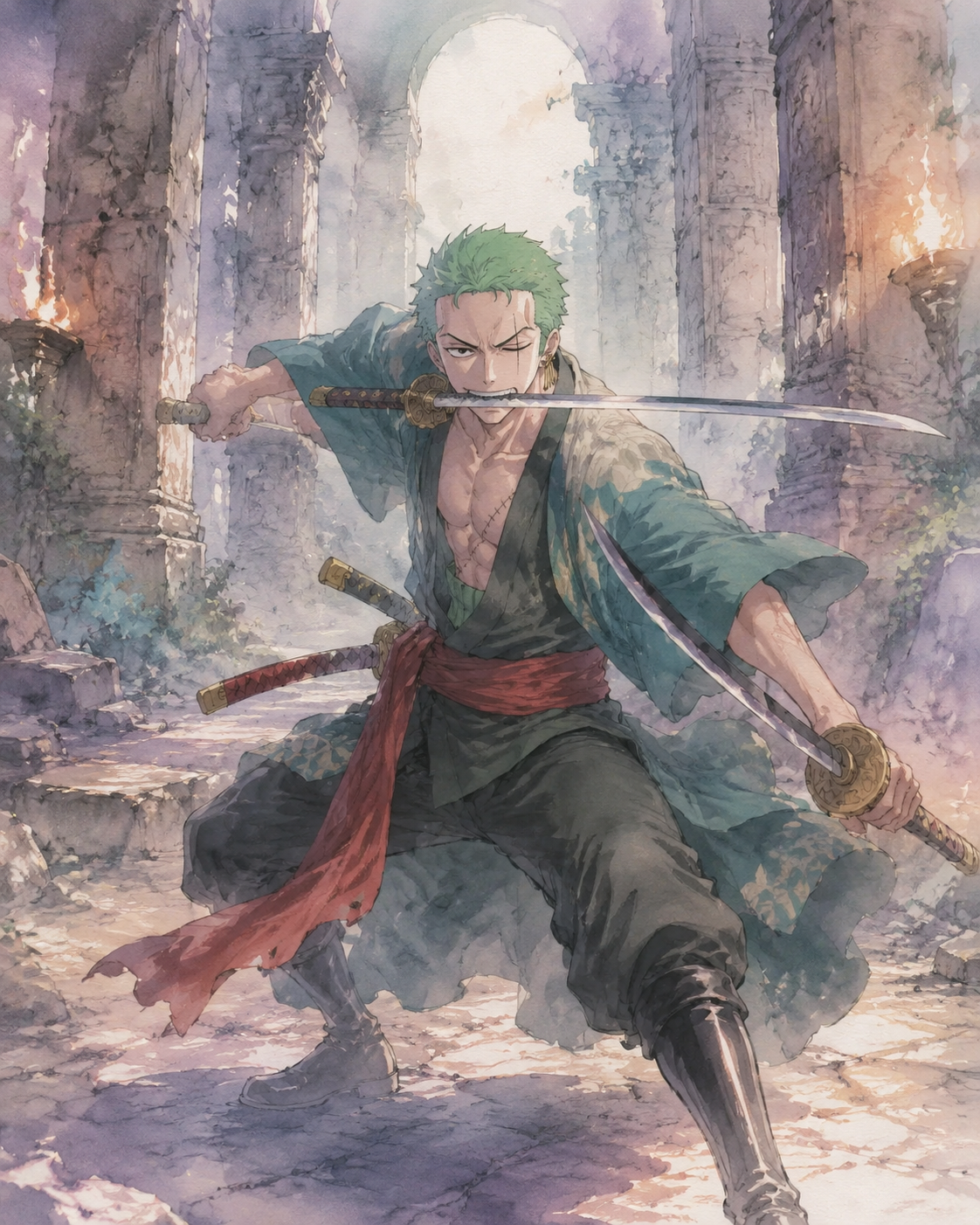 Practicing his santoryu forms with intensity In a ruined stone temple with flickering torches (soft watercolor, ethereal pastel tones)