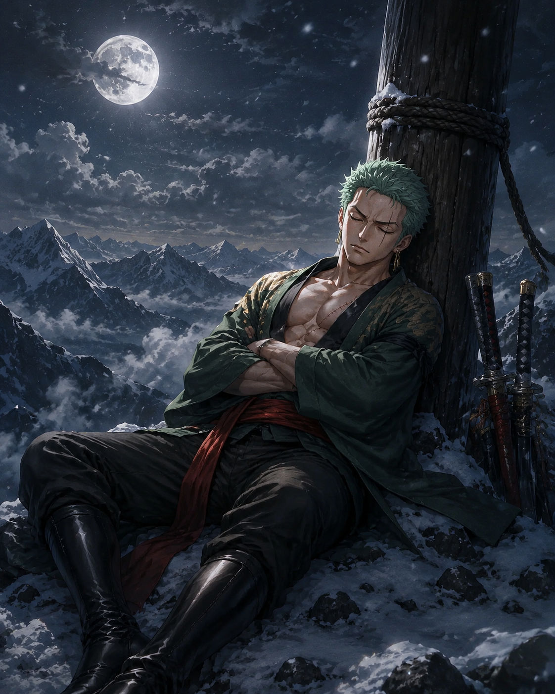 Sleeping soundly against a wooden mast On a snowy mountain peak under a full moon (cinematic epic fantasy, dramatic lighting)