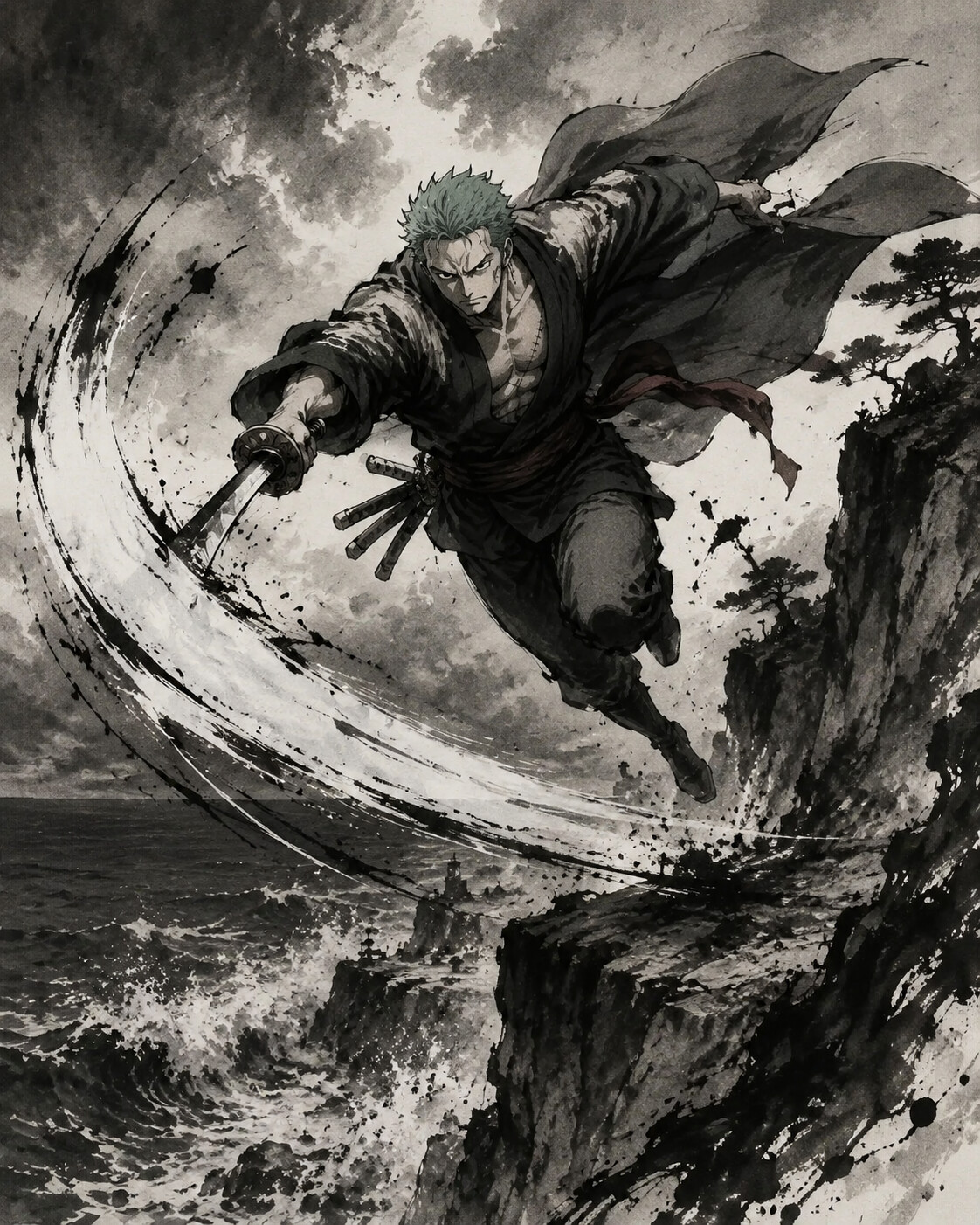 Unleashing a powerful flying slash attack at the edge of a cliff overlooking a rough sea (gritty ink wash)