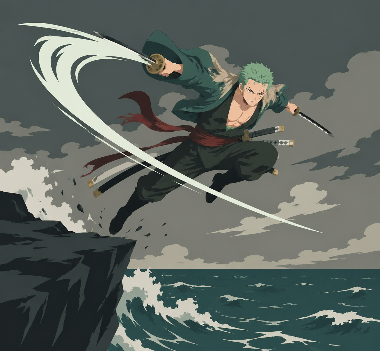 Unleashing a powerful flying slash attack At the edge of a cliff overlooking a rough sea (minimalist vector art, bold flat colors)