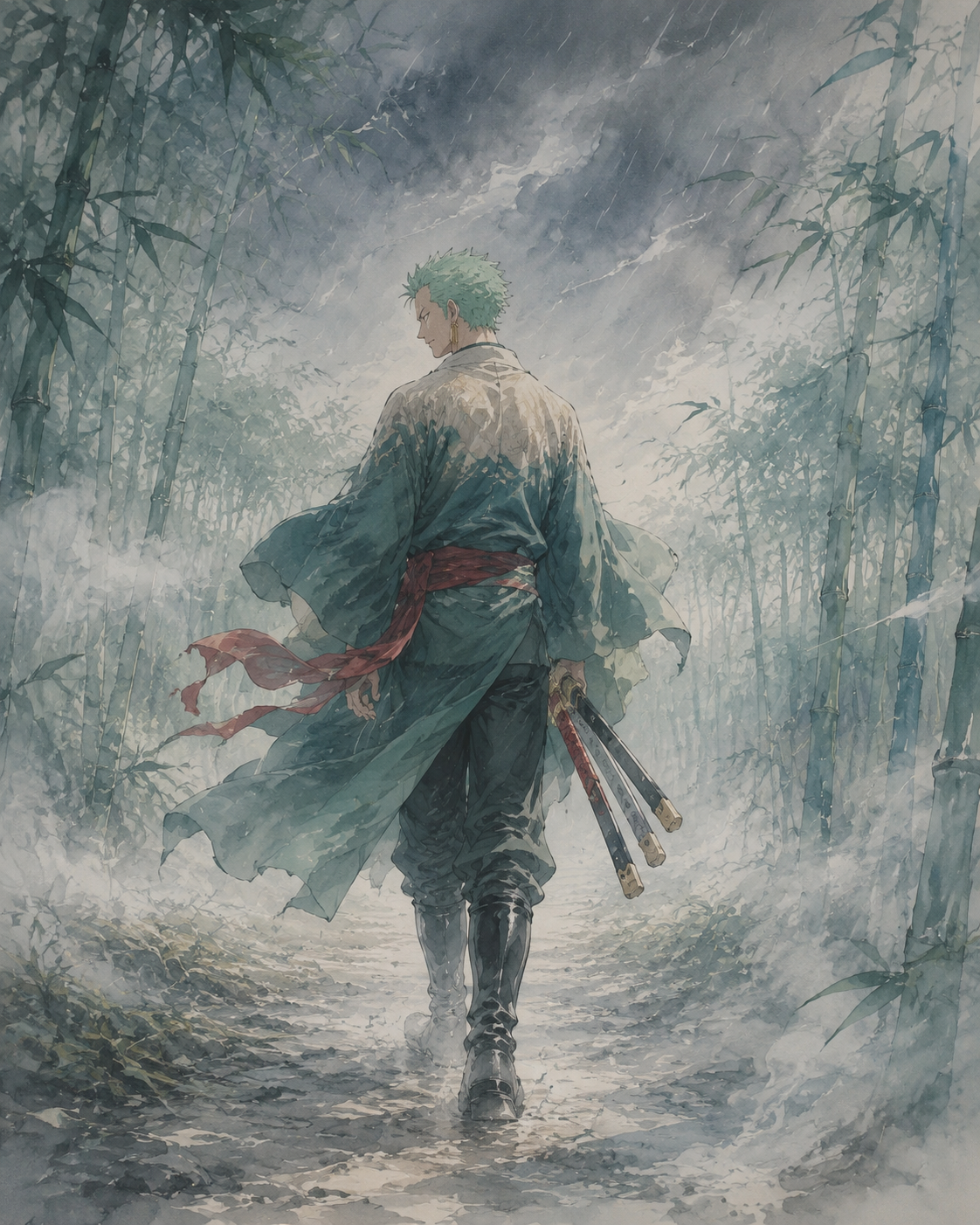 Walking confidently in the completely wrong direction In a misty bamboo forest during a storm (soft watercolor, ethereal pastel tones)