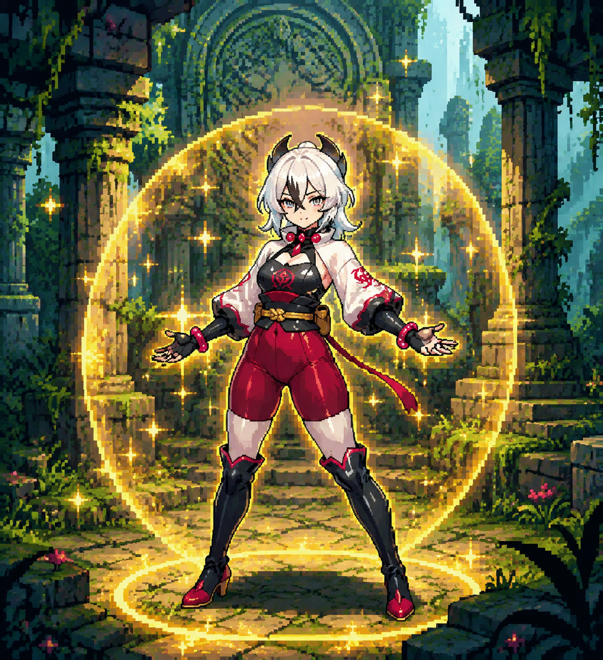 Casting a protective golden aura In a forgotten temple reclaimed by nature (pixel art sprite, vibrant retro colors)