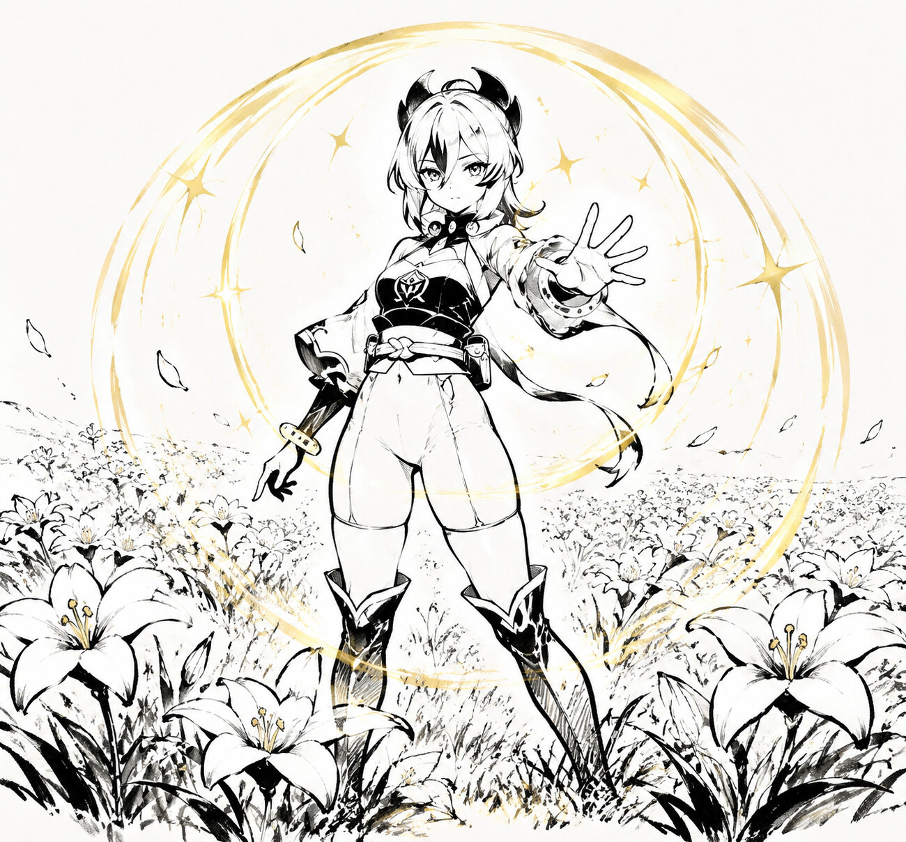 Casting a protective golden aura in a quiet meadow filled with Gracideas (minimalist ink sketch)