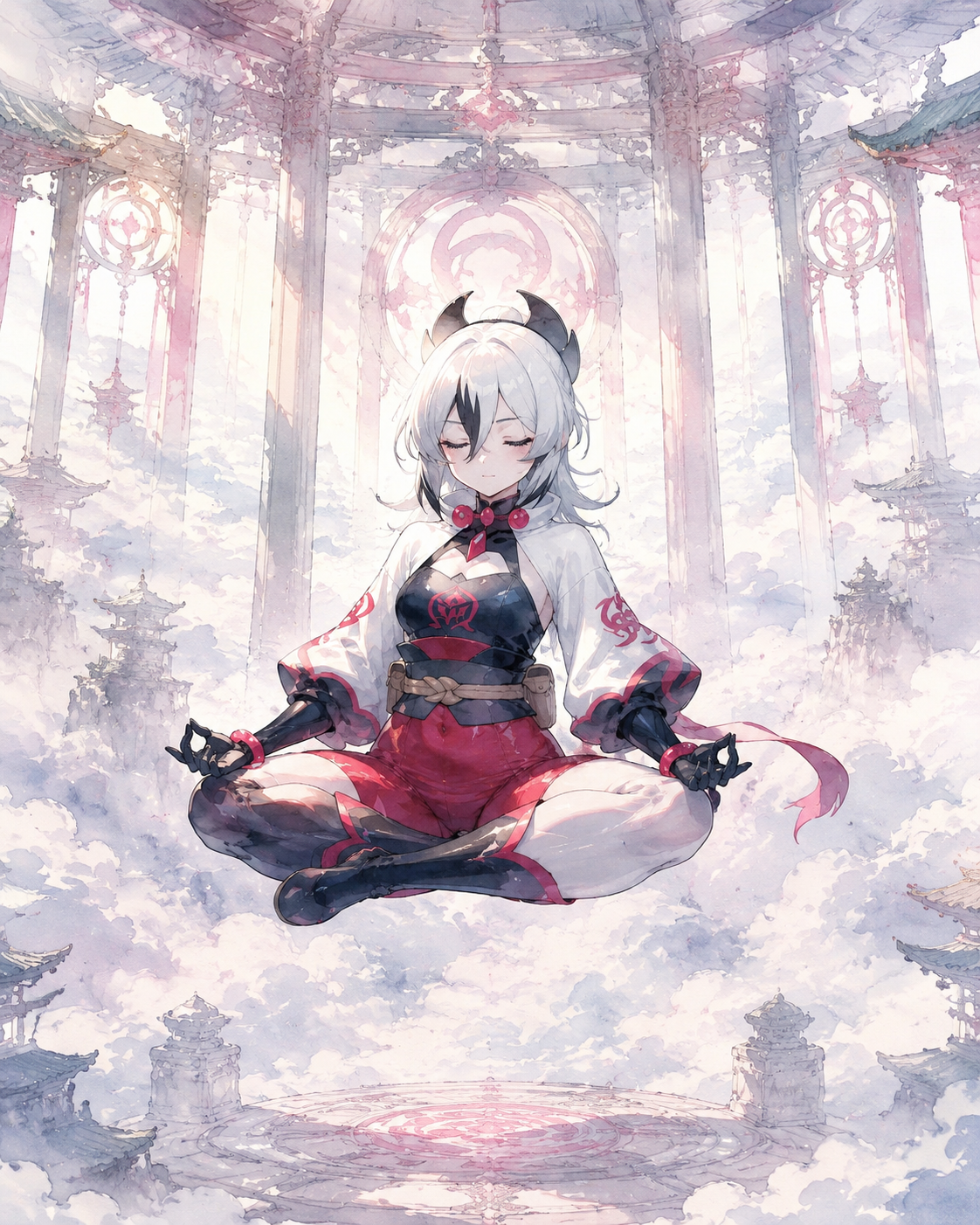 Floating in a state of deep meditation In the Hall of Origin above the clouds (watercolor anime art, soft pastel lighting)