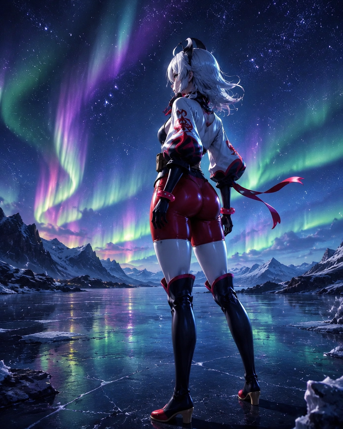Gazing solemnly at the mortal world On a frozen lake under the northern lights (cinematic 3D render, dramatic particles)