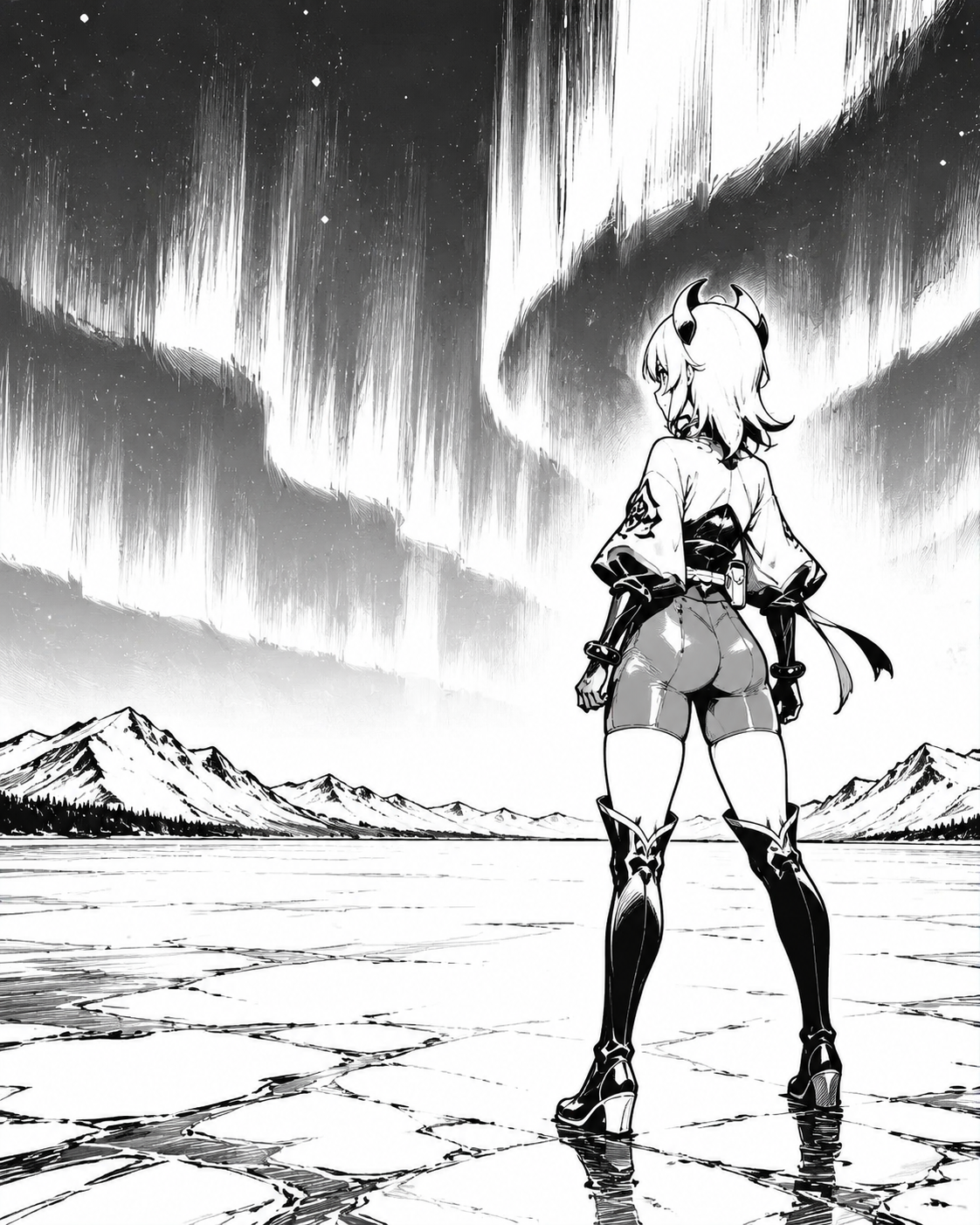 Gazing solemnly at the mortal world On a frozen lake under the northern lights (minimalist ink sketch, bold lines)