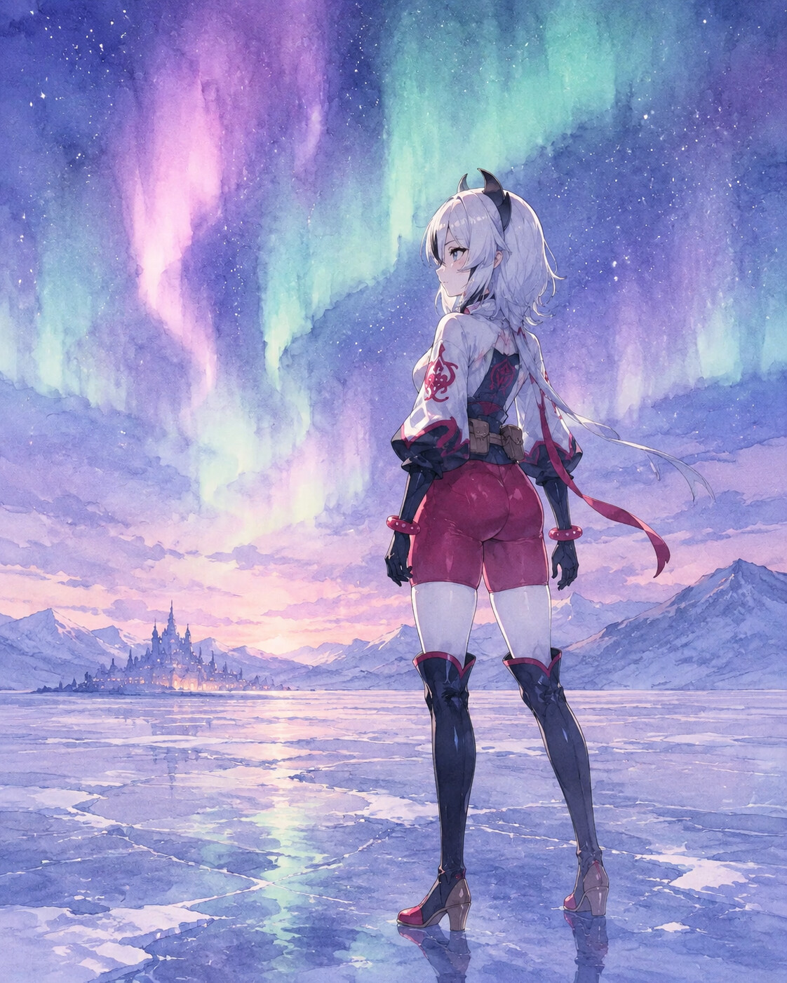 Gazing solemnly at the mortal world on a frozen lake under the northern lights (watercolor anime art)