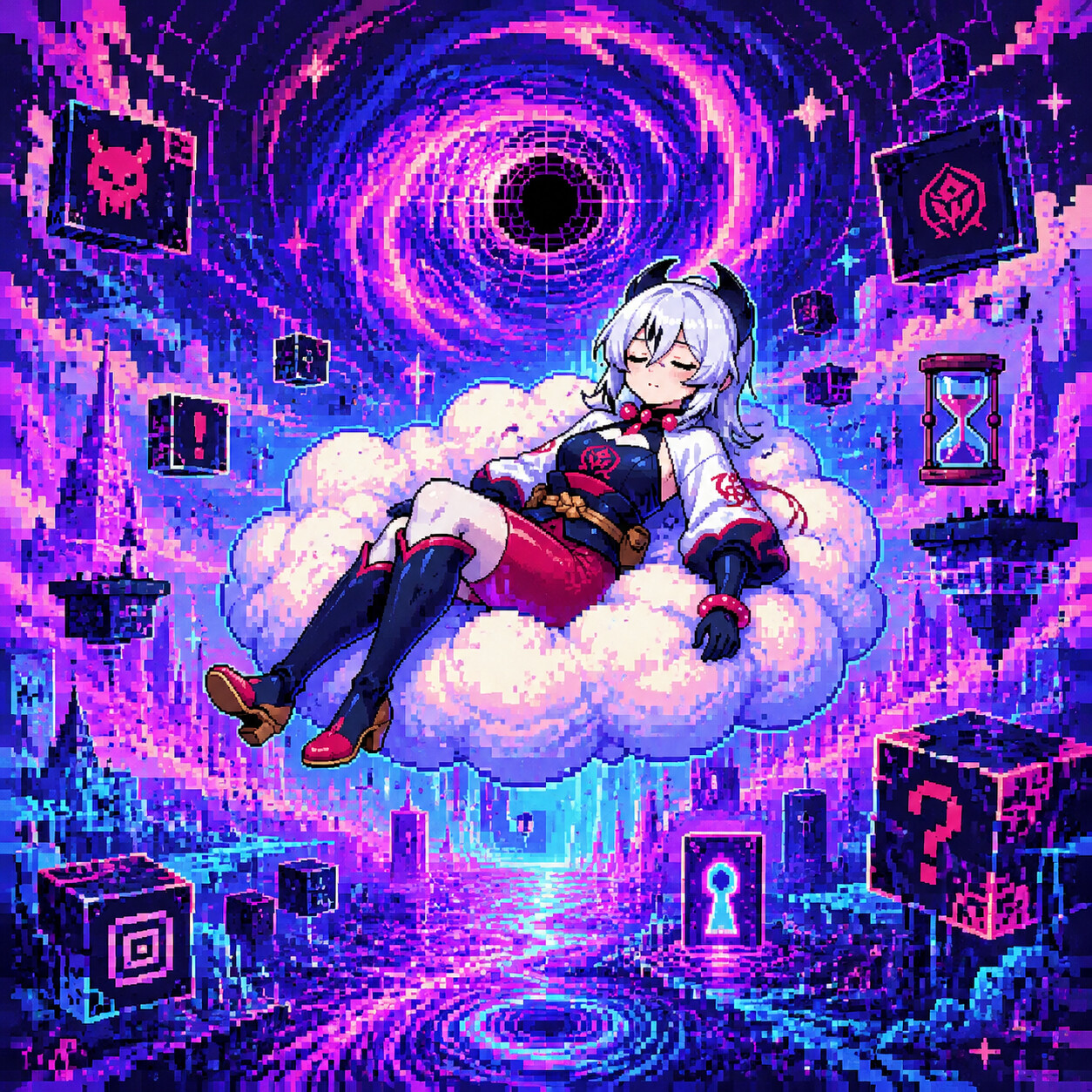 Resting peacefully atop a soft cloud at the center of the distortion world (pixel art sprite)