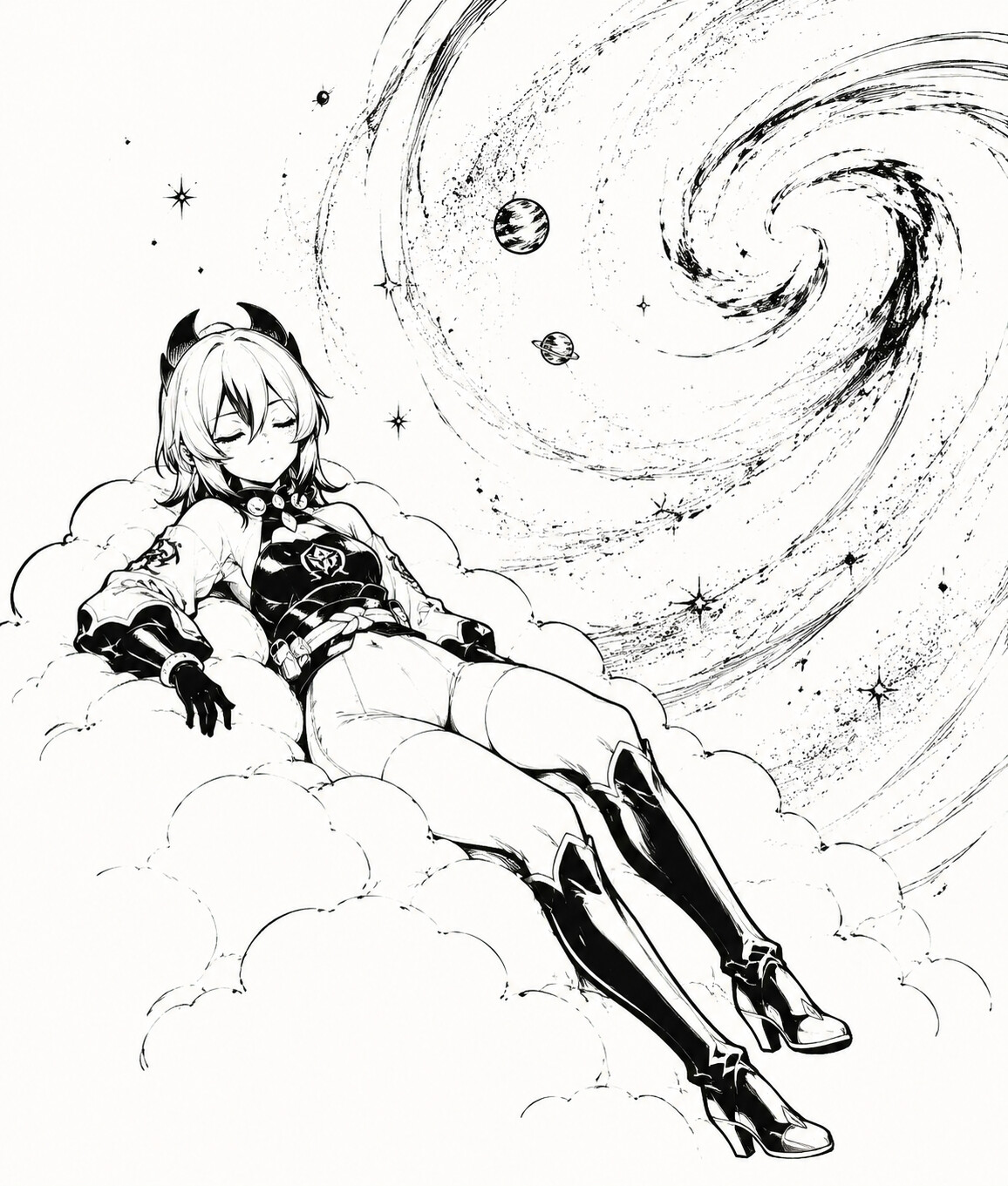 Resting peacefully atop a soft cloud at the edge of a swirling cosmic nebula (minimalist ink sketch)