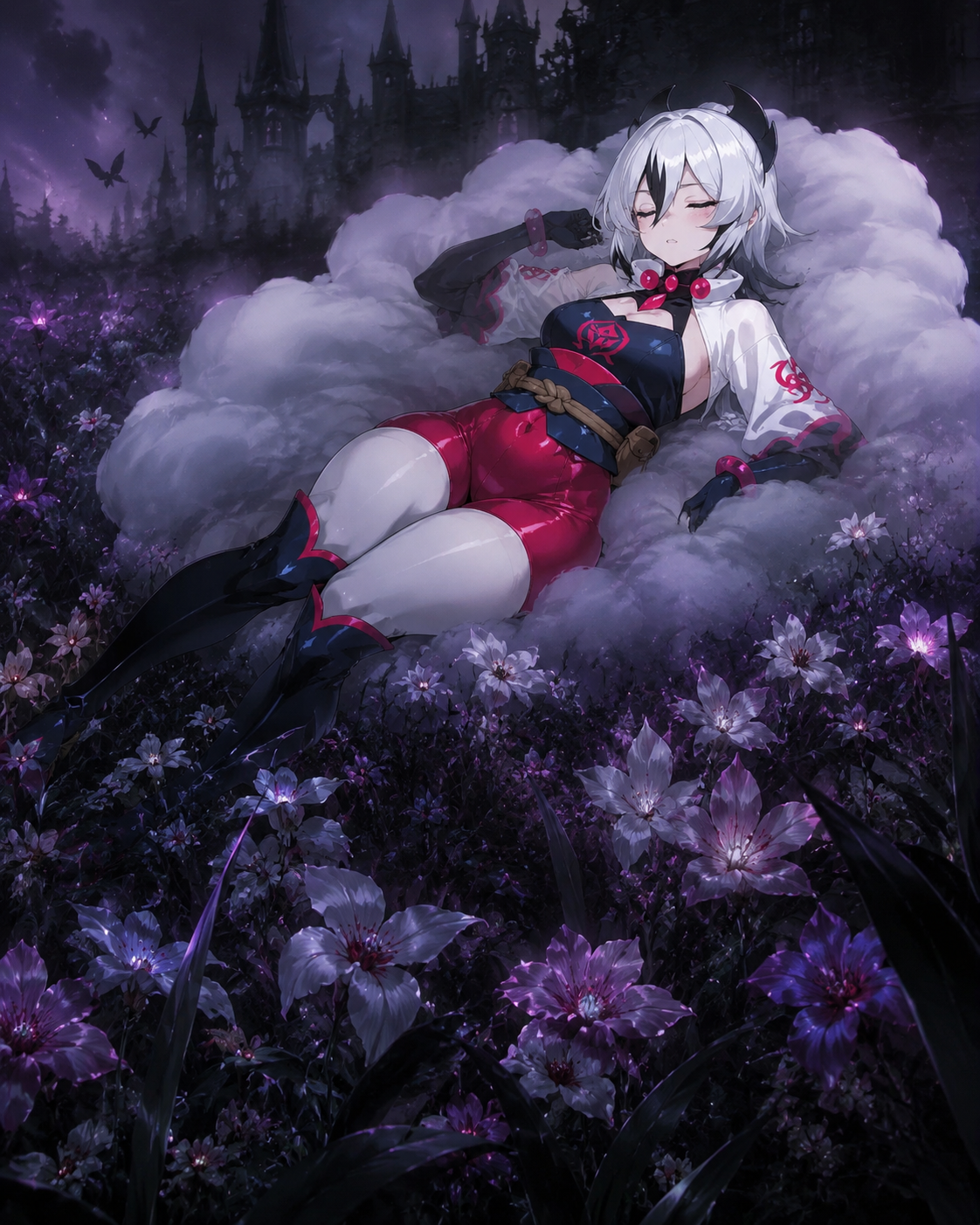 Resting peacefully atop a soft cloud In a quiet meadow filled with Gracideas (dark fantasy illustration, gothic atmosphere)