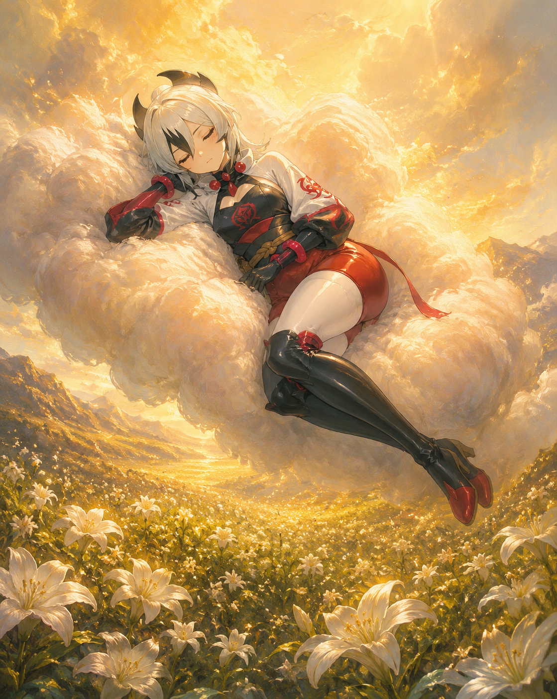 Resting peacefully atop a soft cloud In a quiet meadow filled with Gracideas (ethereal oil painting, divine golden glow)