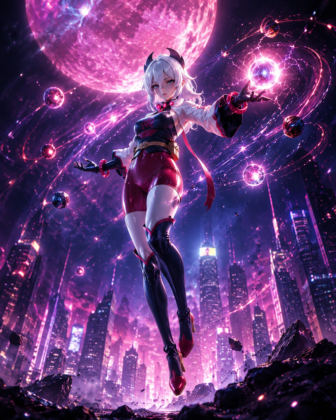 Shaping the cosmos with radiant energy In a futuristic city beneath a neon moon (cinematic 3D render, dramatic particles)