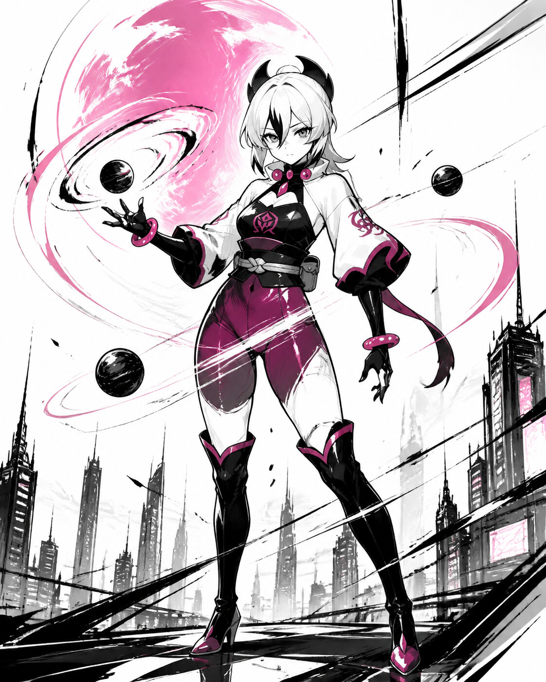 Shaping the cosmos with radiant energy in a futuristic city beneath a neon moon (minimalist ink sketch)