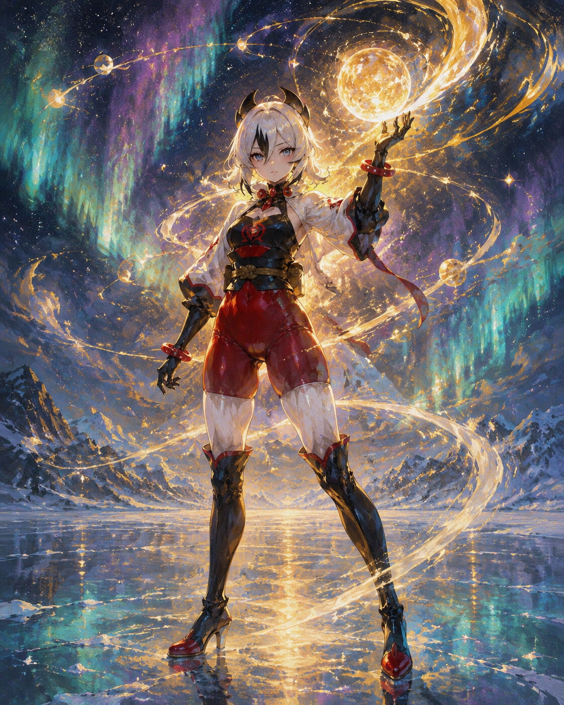 Shaping the cosmos with radiant energy on a frozen lake under the northern lights (ethereal oil painting)