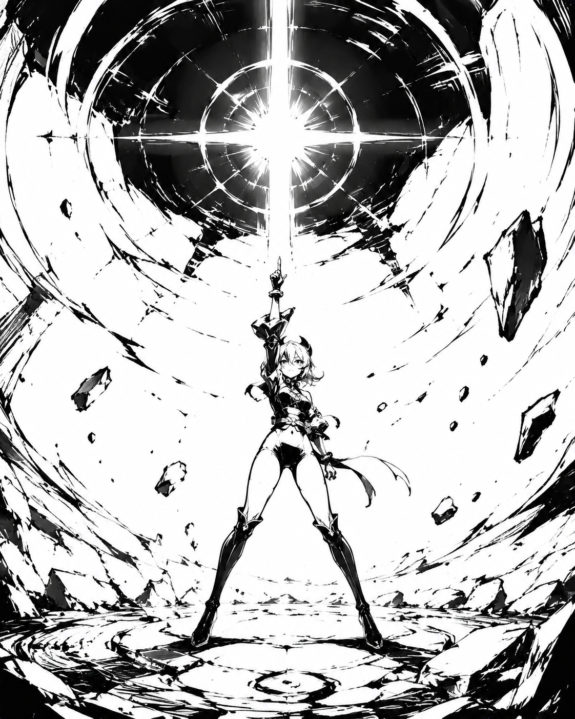 Unleashing a blinding beam of judgment At the center of the distortion world (minimalist ink sketch, bold lines)