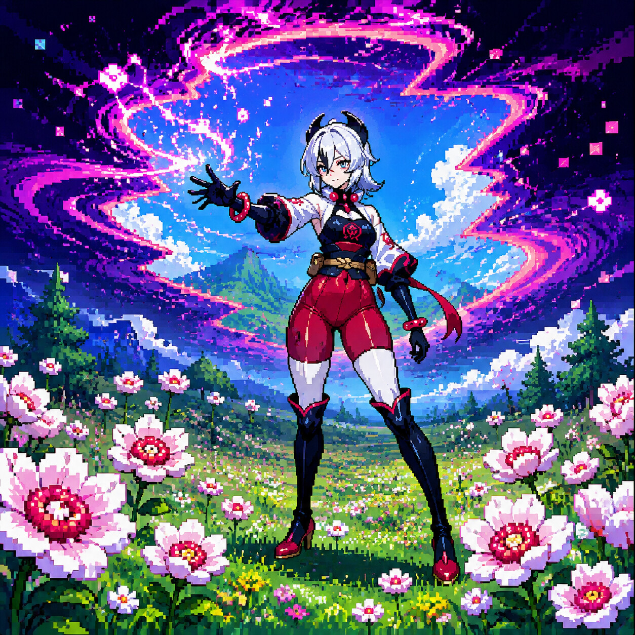 Warping the fabric of reality itself in a quiet meadow filled with Gracideas (pixel art sprite)