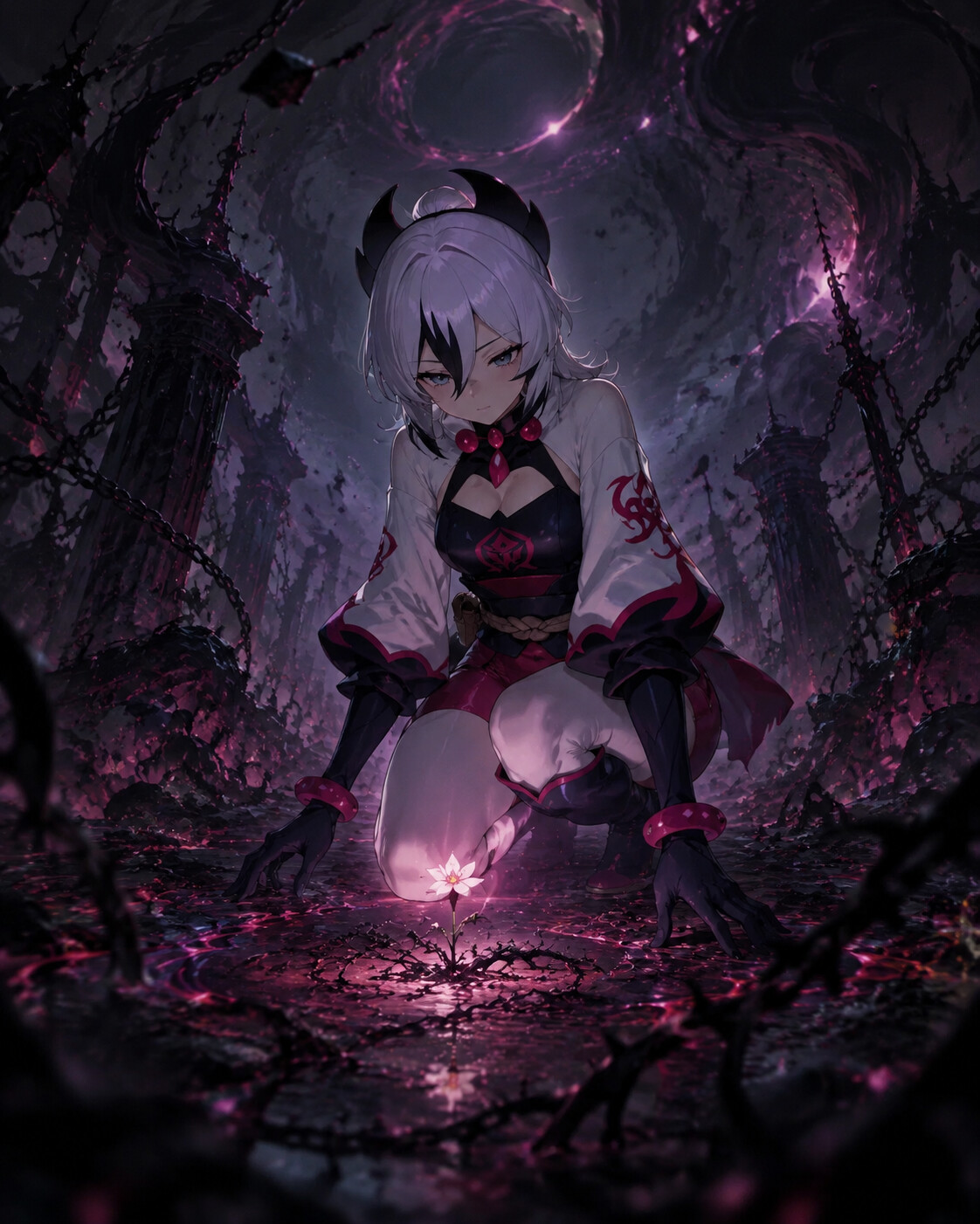 Watching over a tiny blooming flower at the center of the distortion world (dark fantasy illustration)
