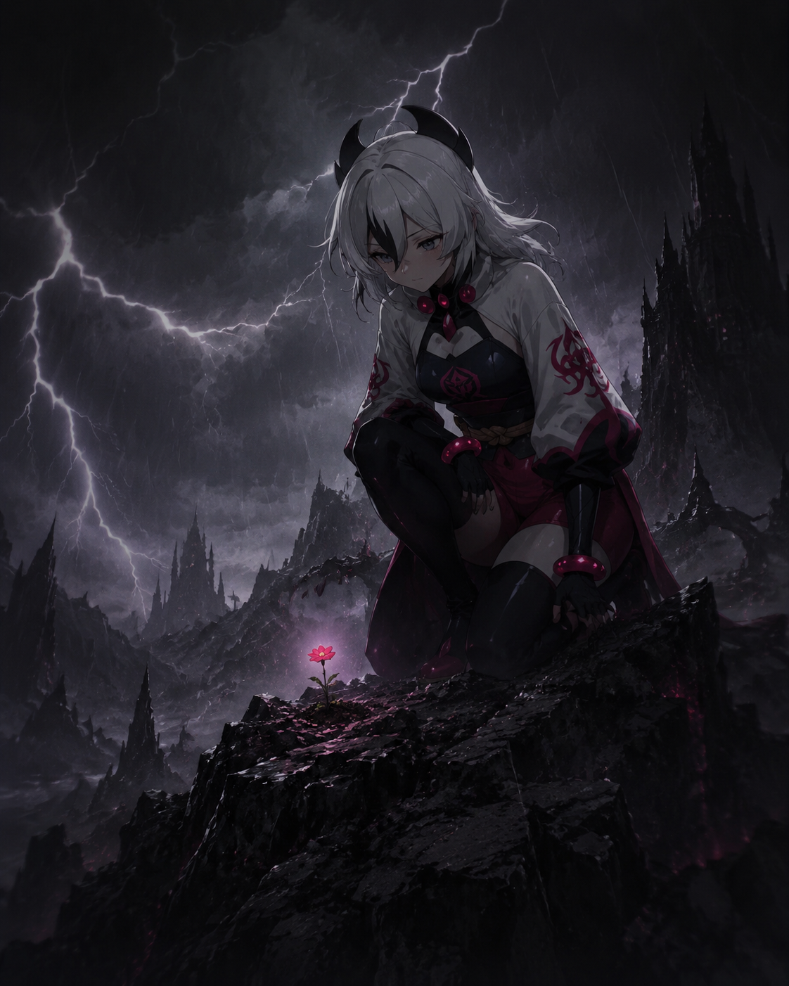 Watching over a tiny blooming flower On a desolate peak during a thunderstorm (dark fantasy illustration, gothic atmosphere)