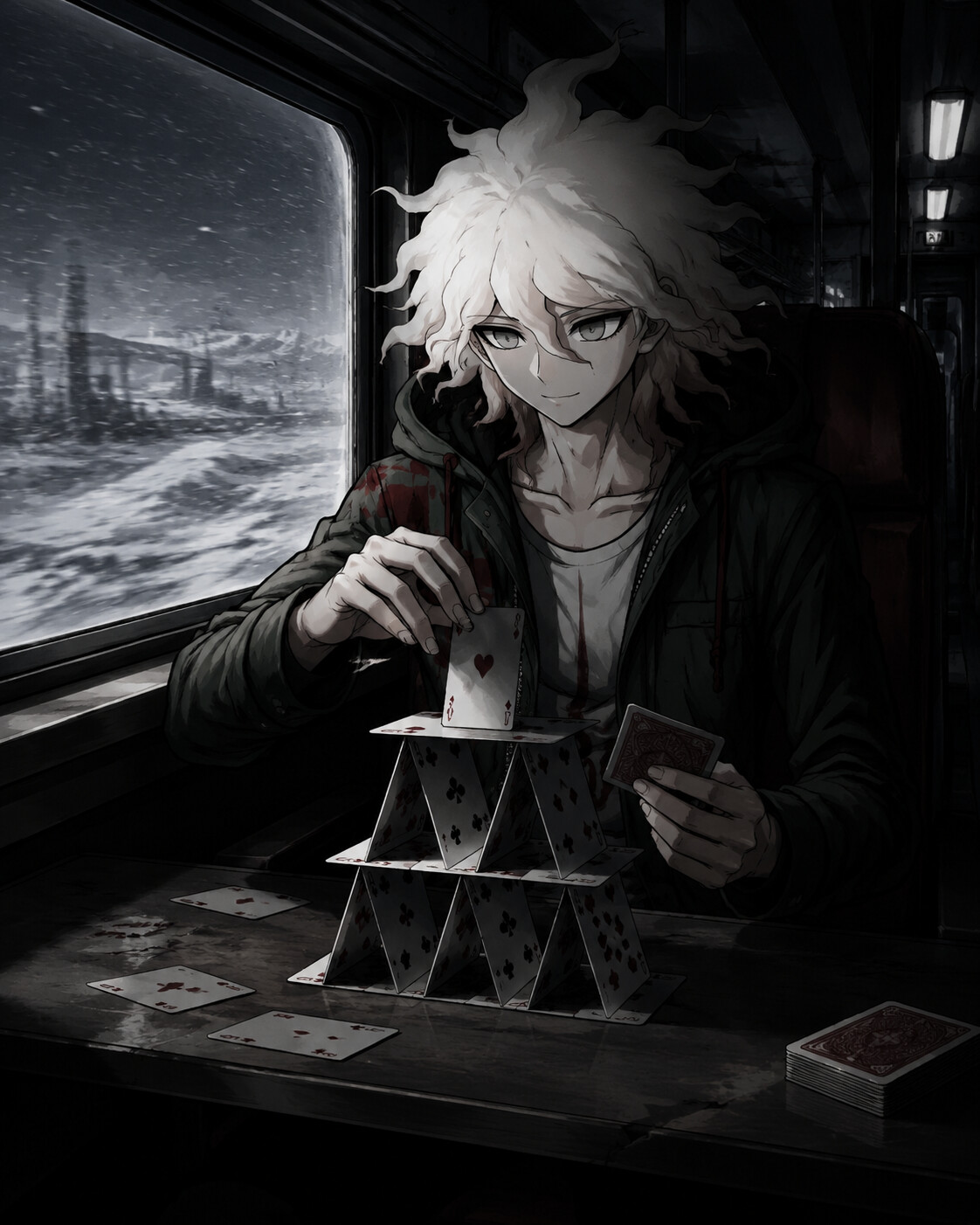 Arranging playing cards into a fragile tower on a high-speed train passing through a snowy wasteland (high-contrast cinematic noir with dramatic shadows)