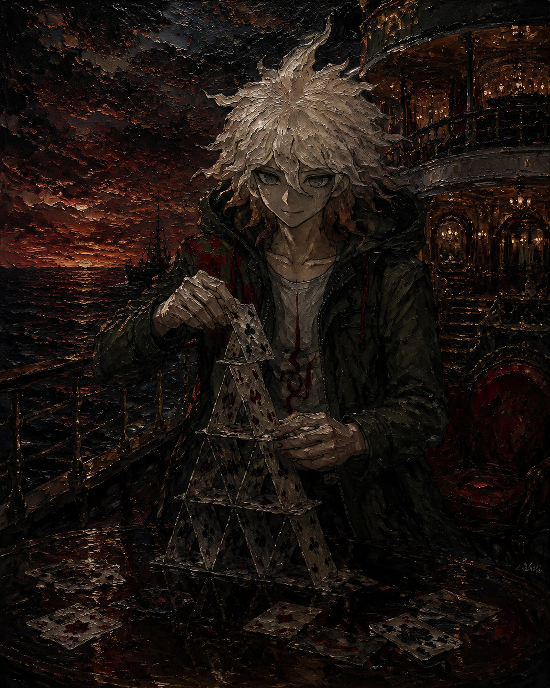 Arranging playing cards into a fragile tower On the deck of a luxury cruise ship at dusk (dark gothic oil painting with heavy impasto)